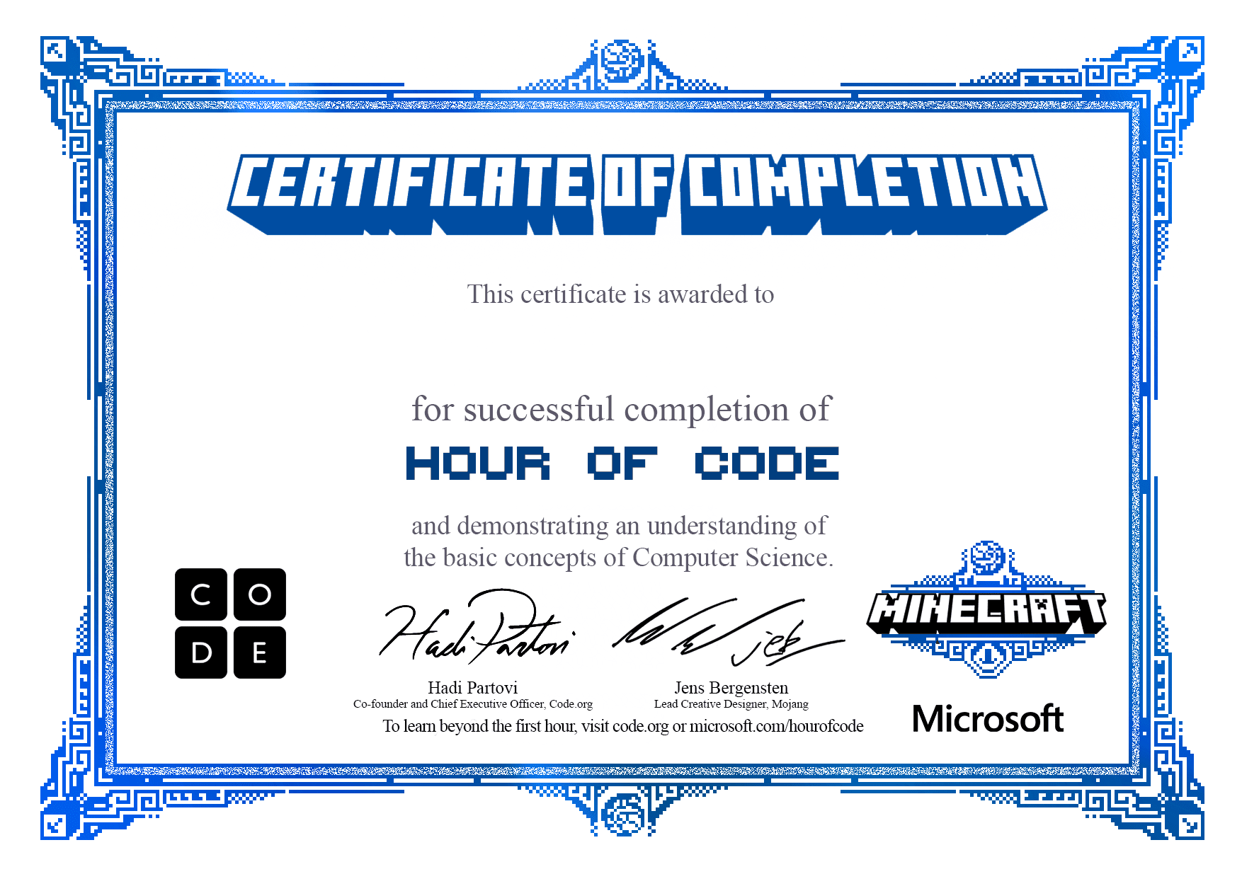 Certificate for completion of Minecraft: Voyage Aquatic