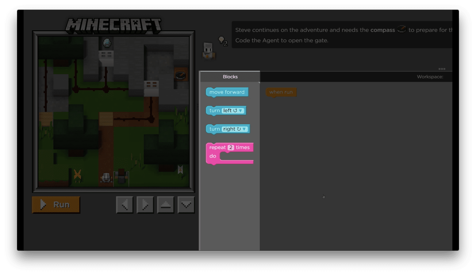 The Hour of Code Minecraft interface, with model world on the left