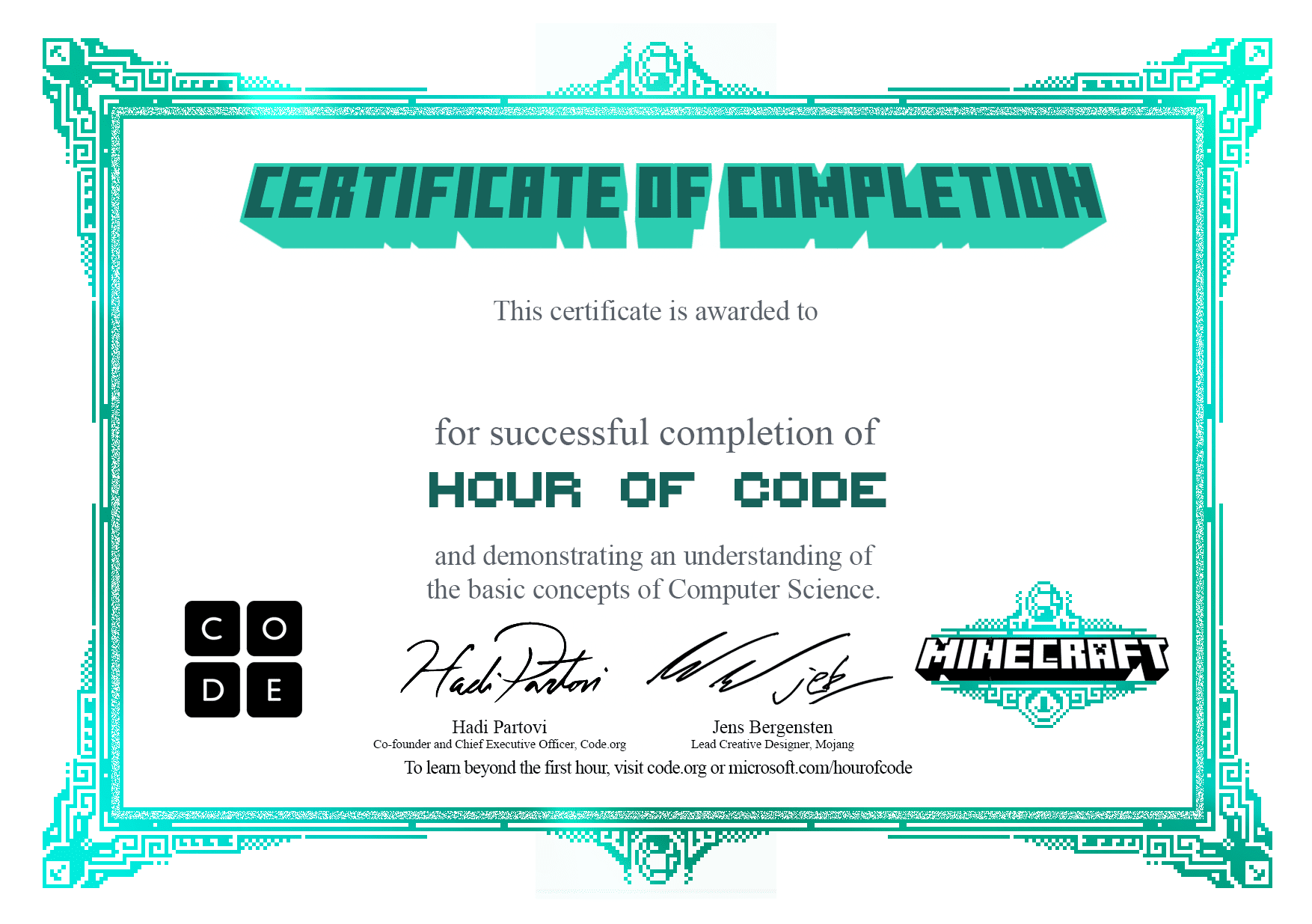 Certificate for completion of Minecraft Adventurer