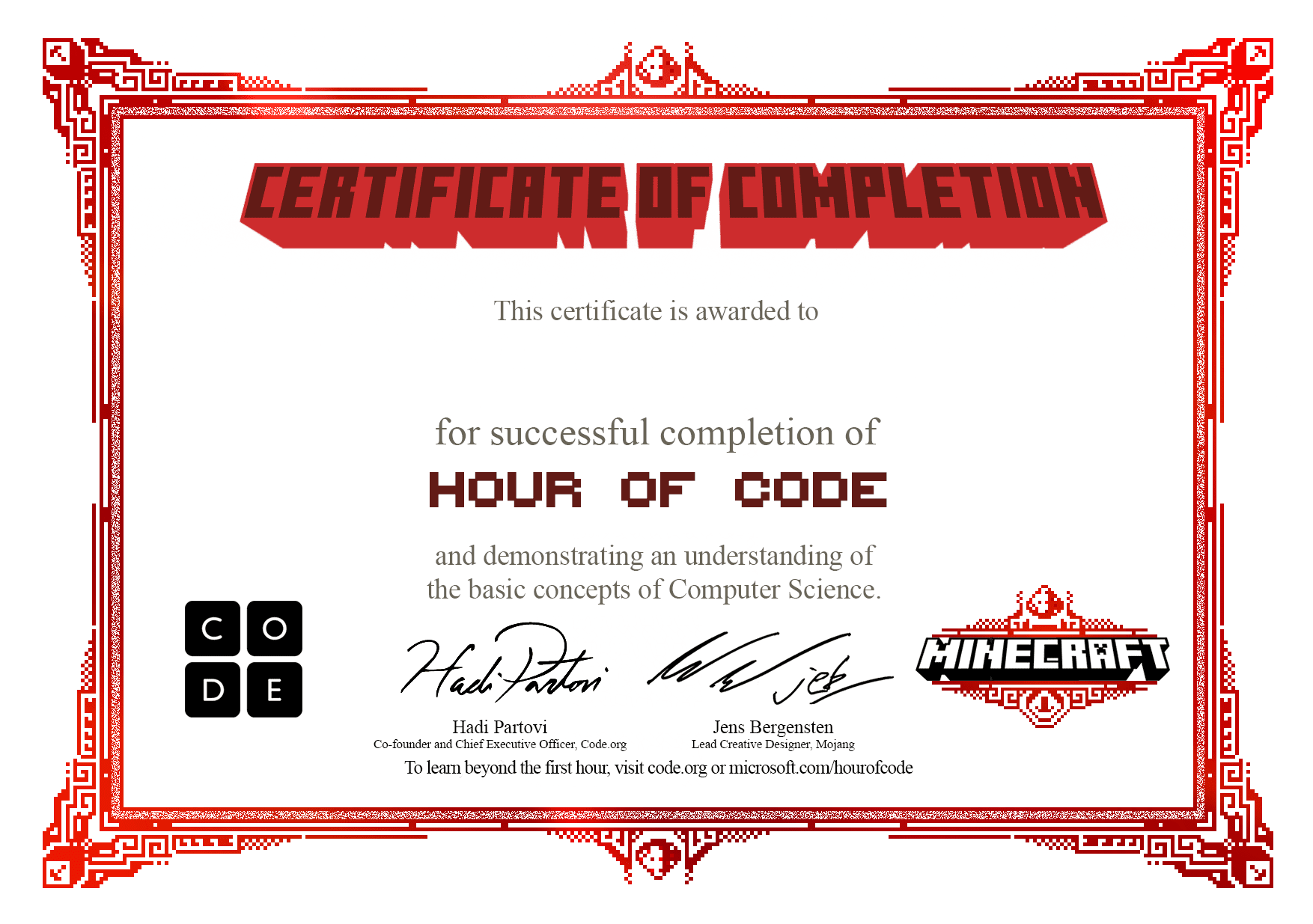 Certificate for completion of Minecraft: Hero's Journey