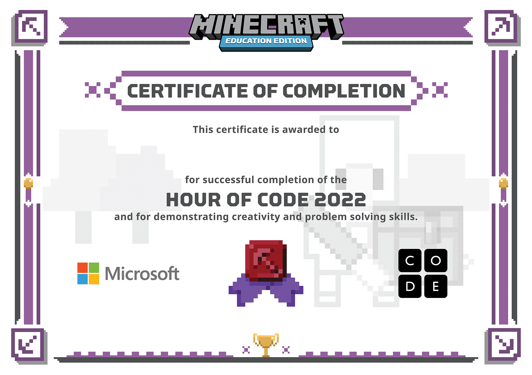 Certificate for completion of One Hour of Code