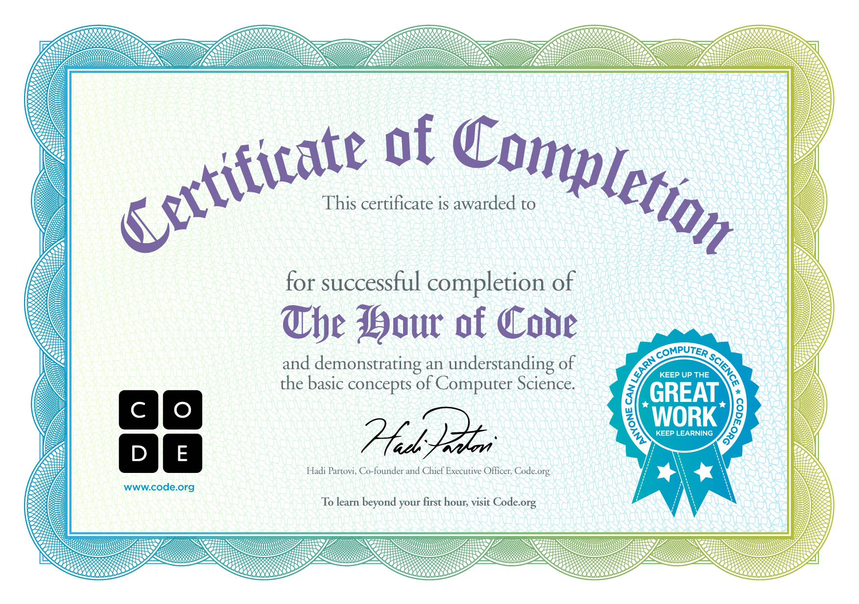 Certificate for completion of Flappy Code