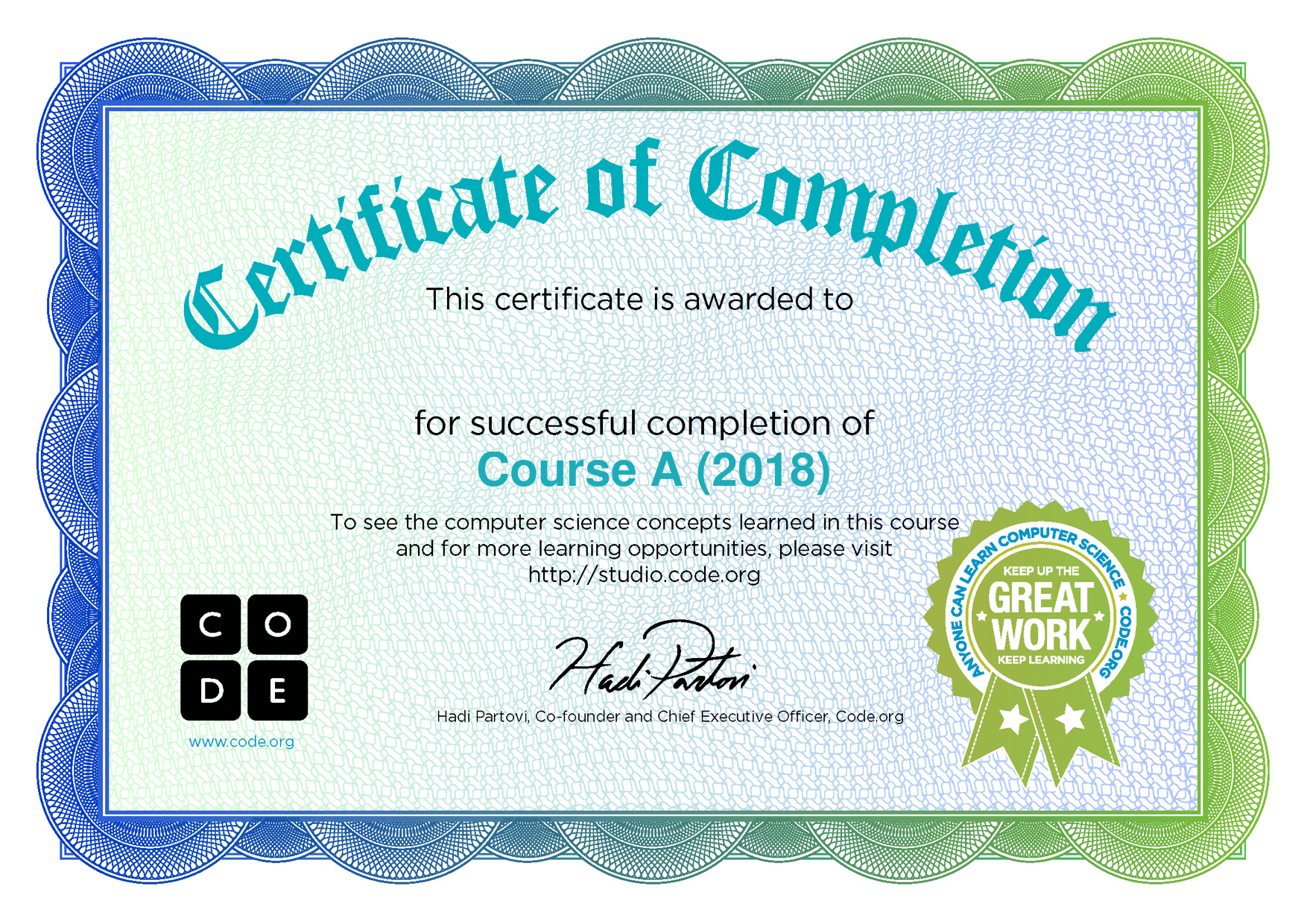 Certificate for completion of Course A (2018)