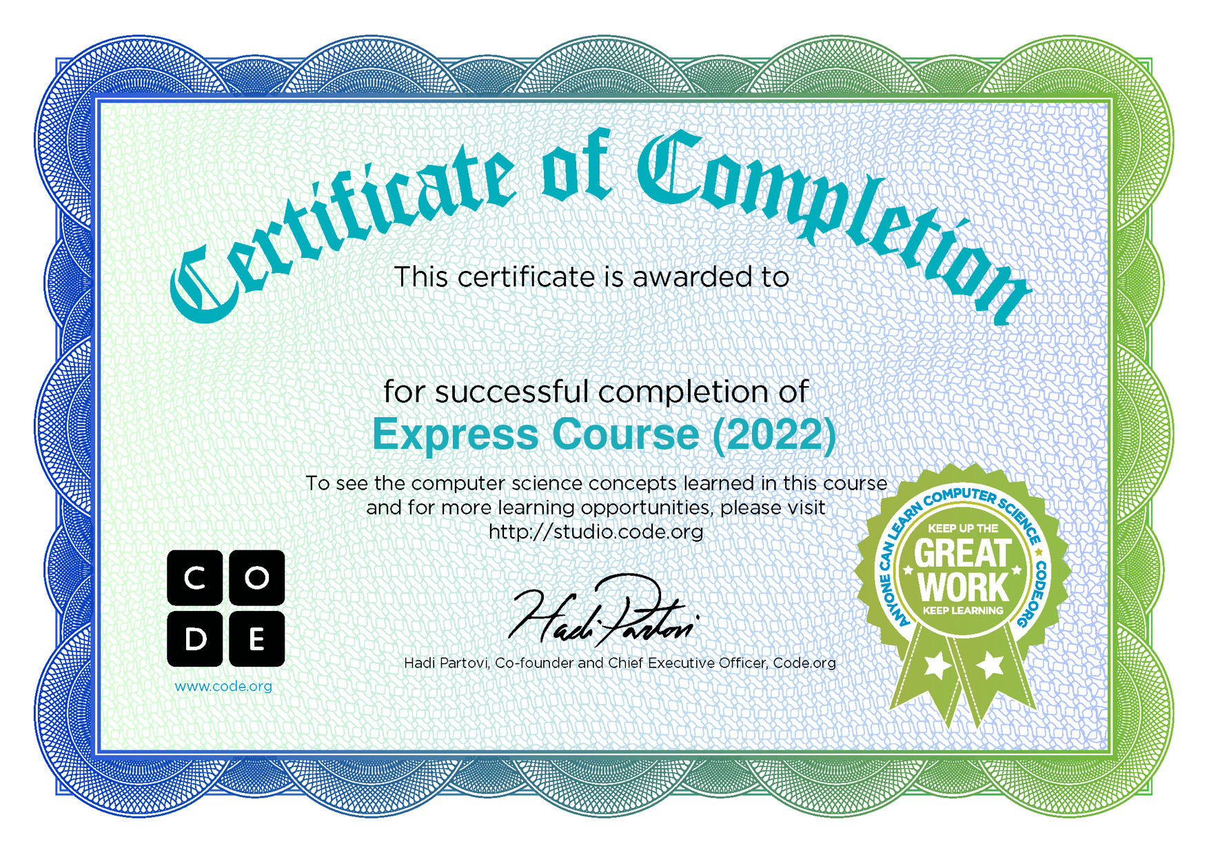 Certificate for completion of Express Course (2022)