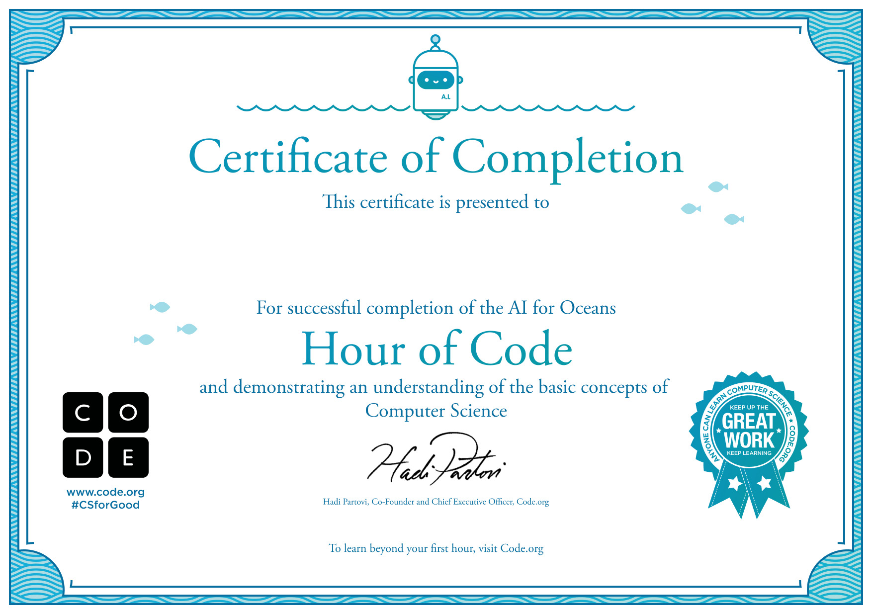 Certificate for  for completion of AI for Oceans