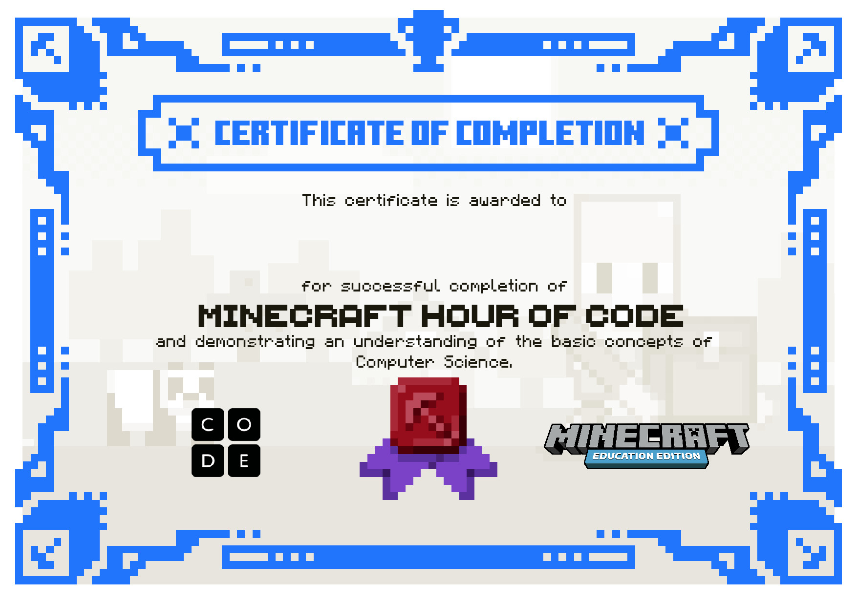 Certificate for  for completion of One Hour of Code