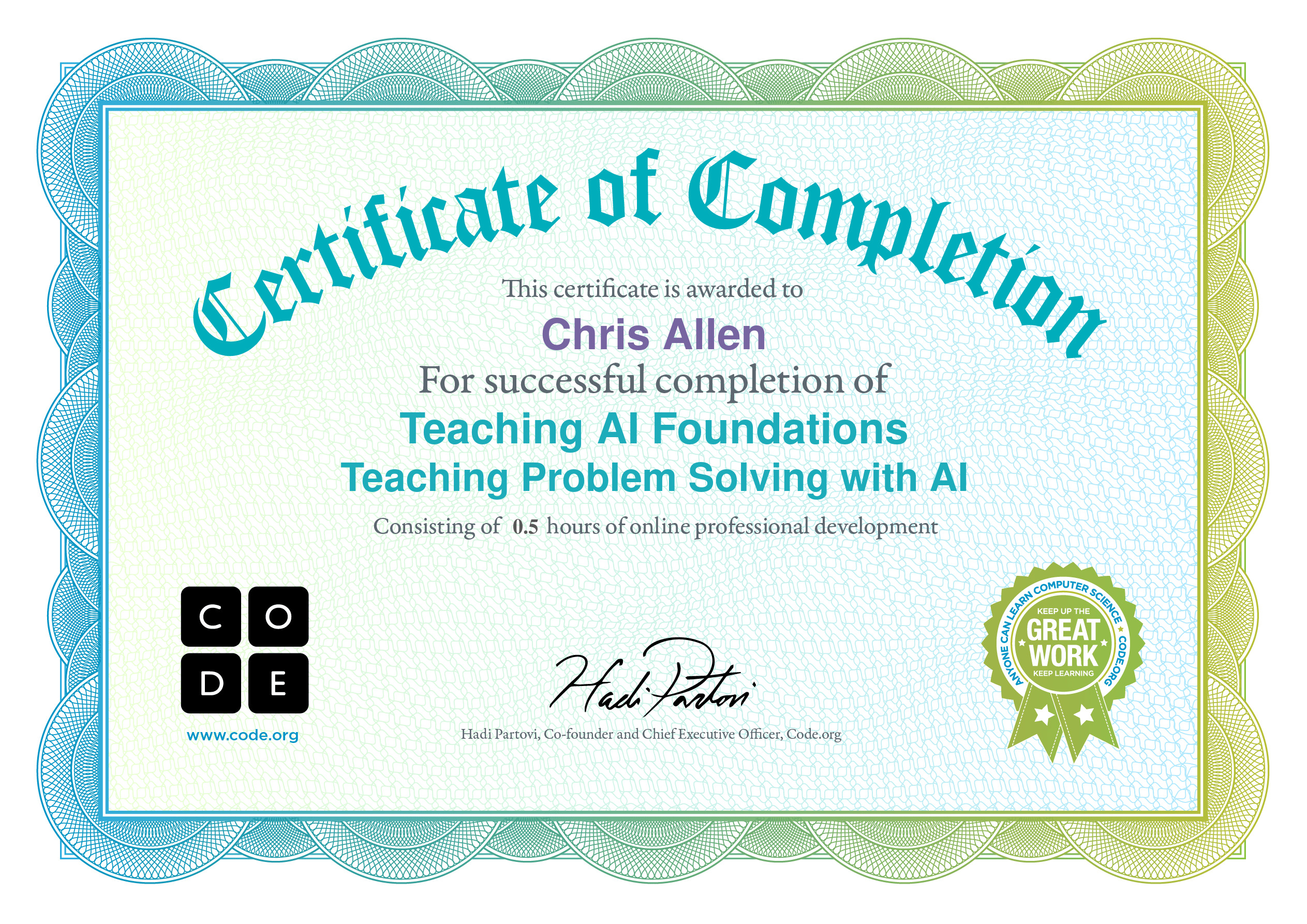 Certificate for Chris Allen for completion of Teaching Problem Solving with AI