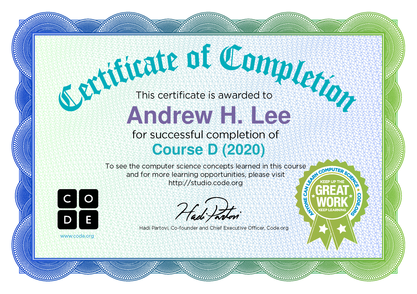 Certificate for Andrew H. Lee for completion of Course D (2020)