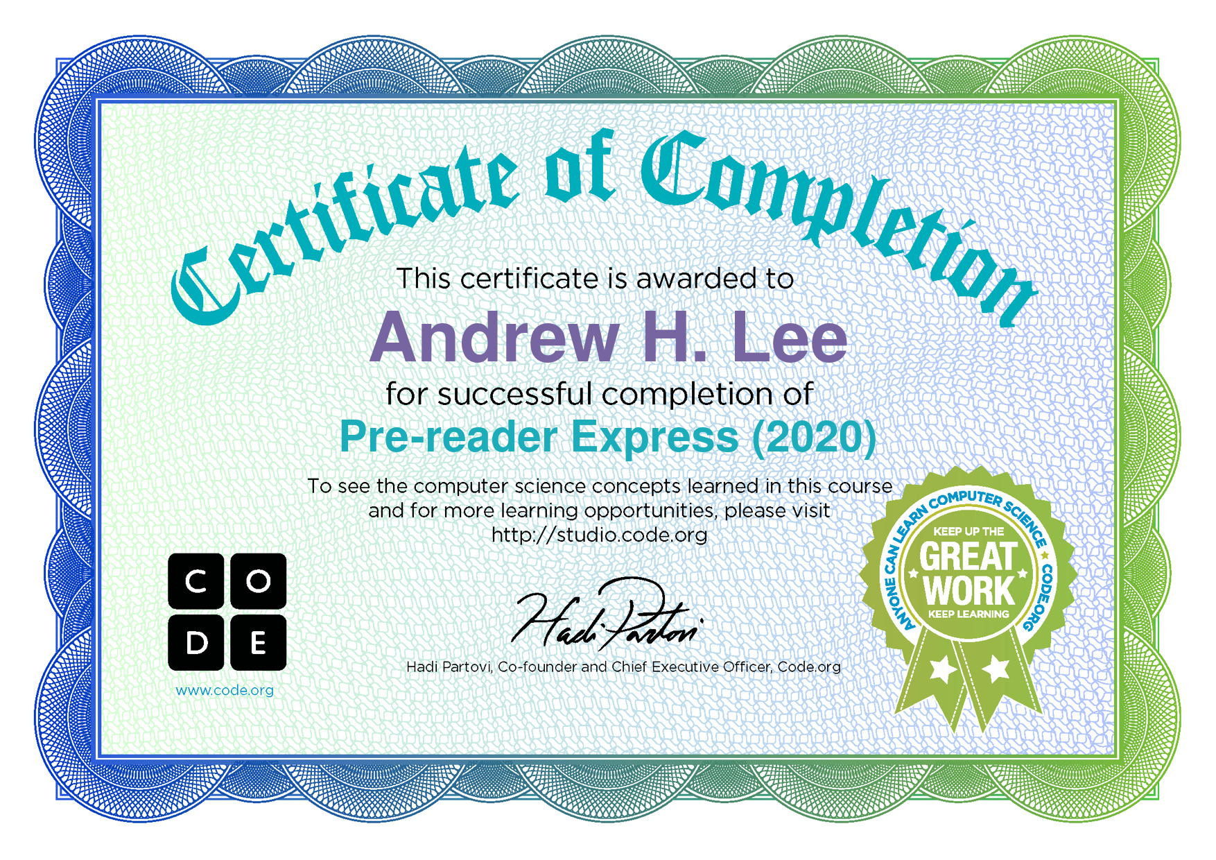 Certificate for Andrew H. Lee for completion of Pre-reader Express (2020)