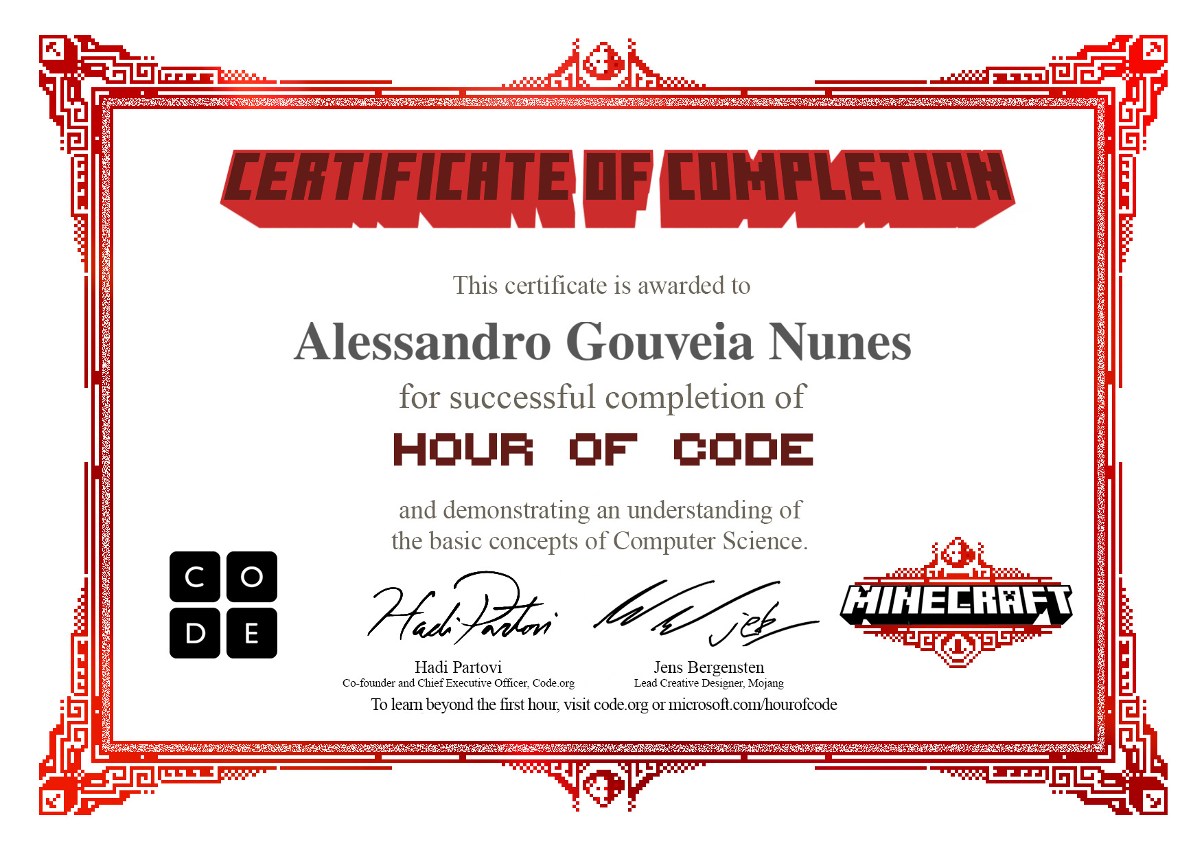 Certificate for Alessandro Gouveia Nunes for completion of Minecraft: Hero's Journey