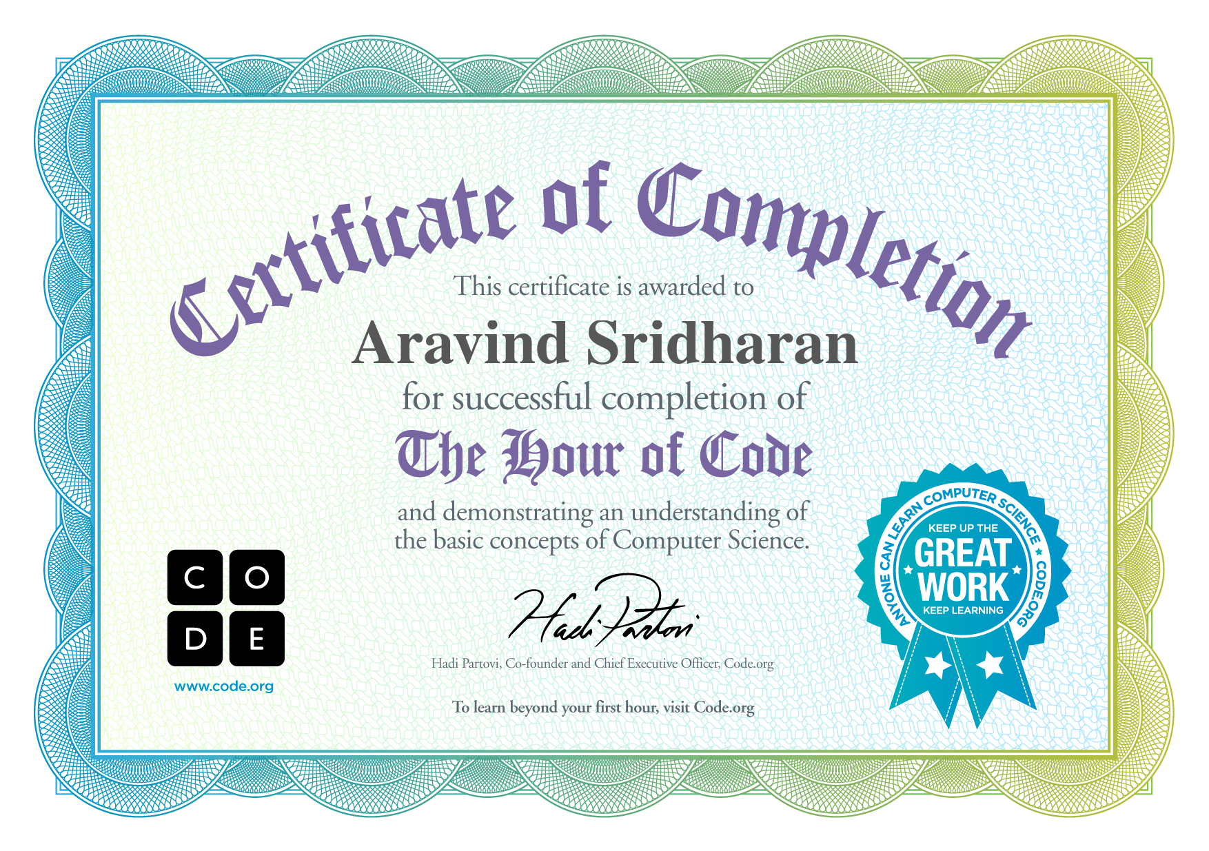 Certificate for Aravind Sridharan for completion of Classic Maze