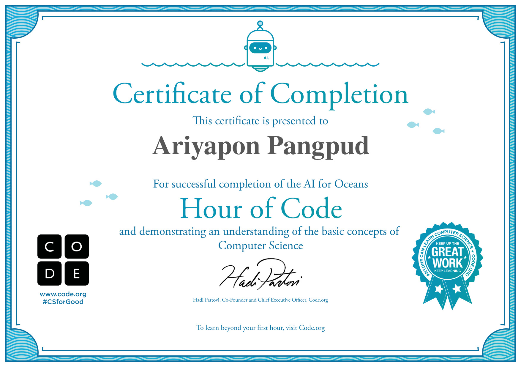 Certificate for Ariyapon Pangpud for completion of هوش مصنوعی برای اقیانوس‌ها