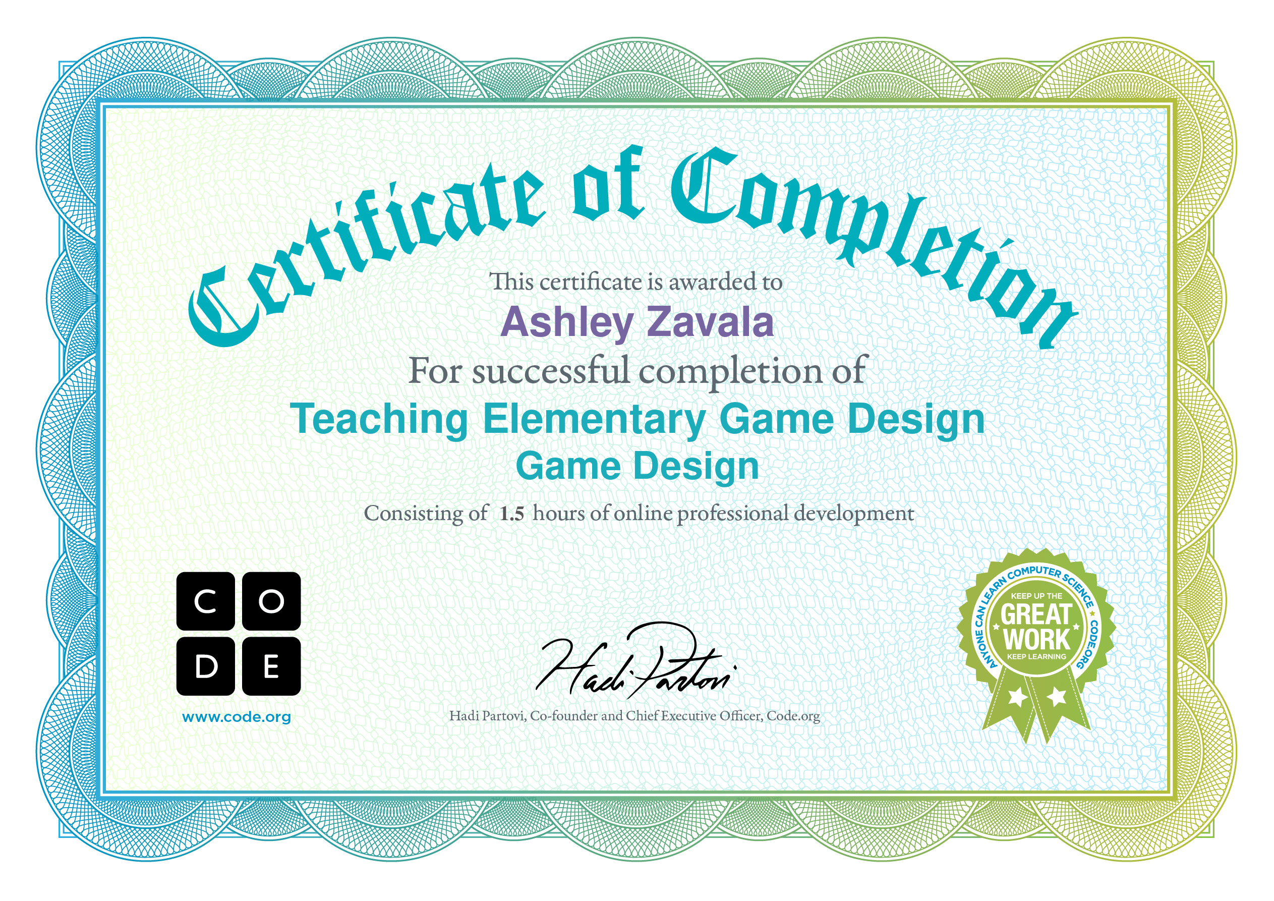 Certificate for Ashley Zavala for completion of Game Design