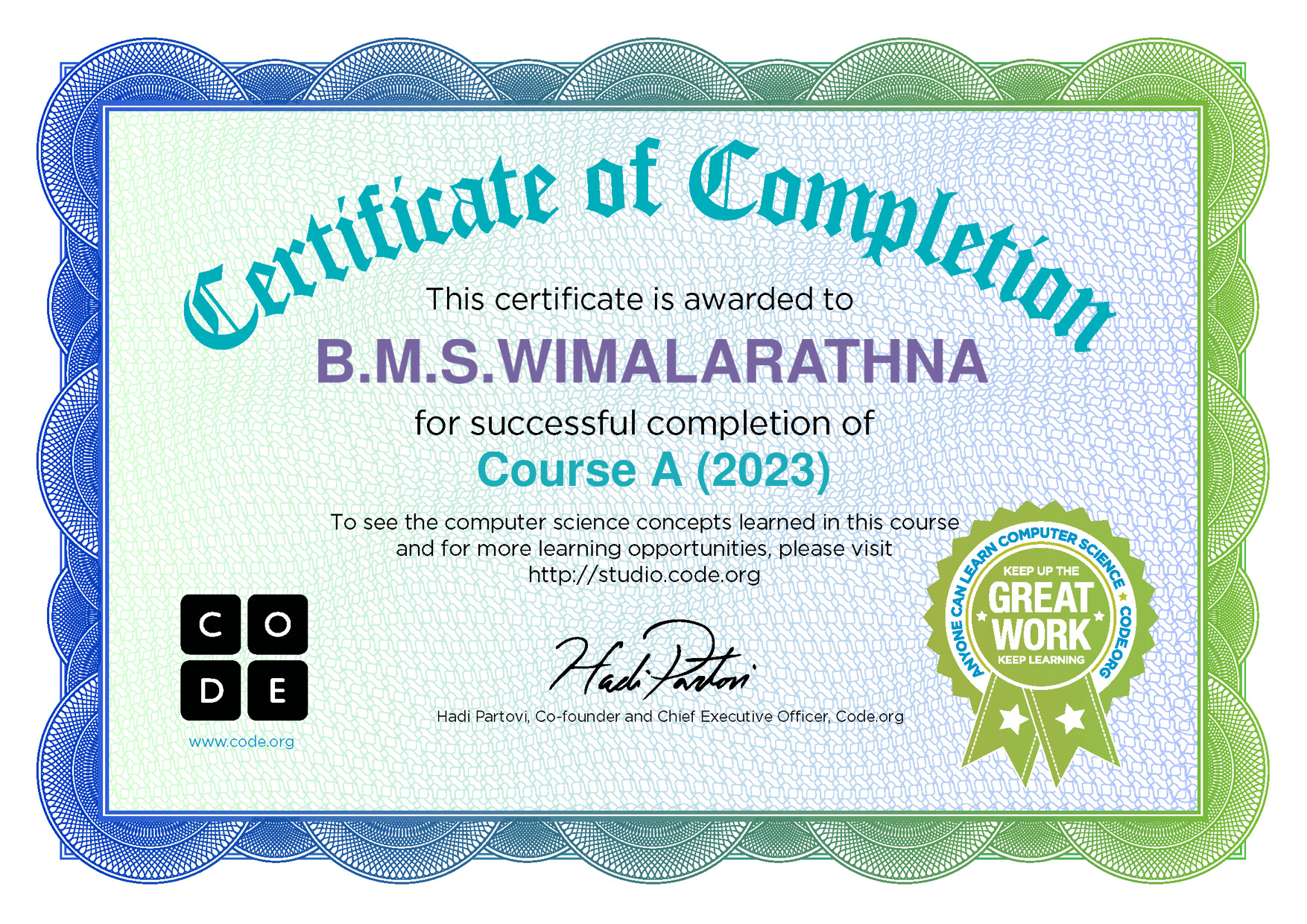 Certificate for B.M.S.WIMALARATHNA for completion of Course A (2023)