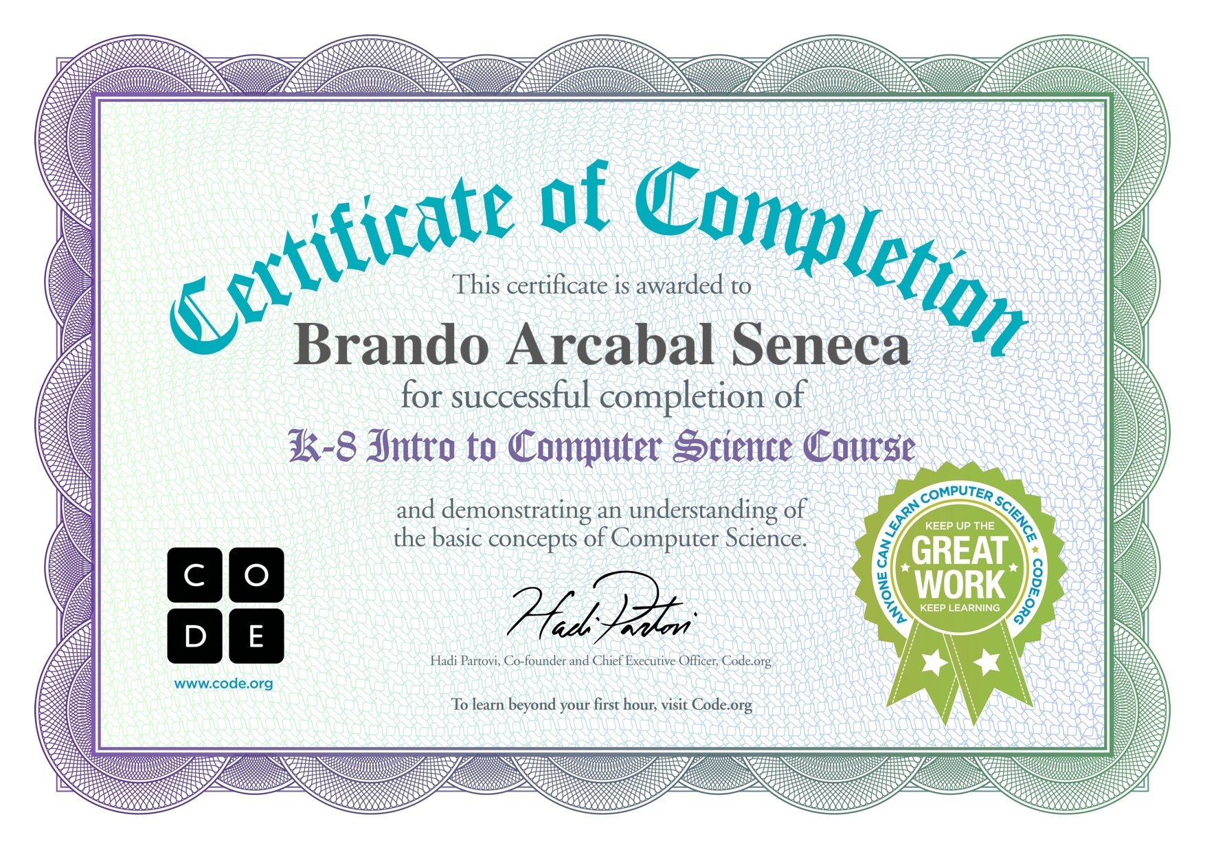Certificate for Brando Arcabal Seneca for completion of One Hour of Code