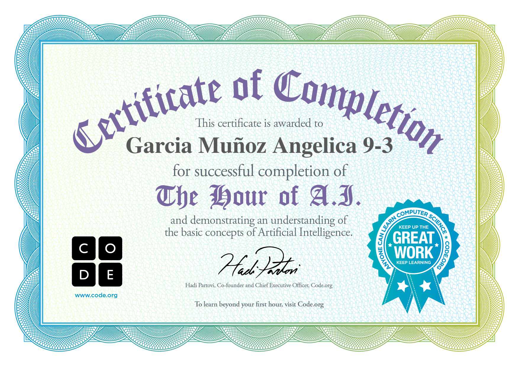 Certificate for Garcia Muñoz Angelica 9-3 for completion of Classic Maze