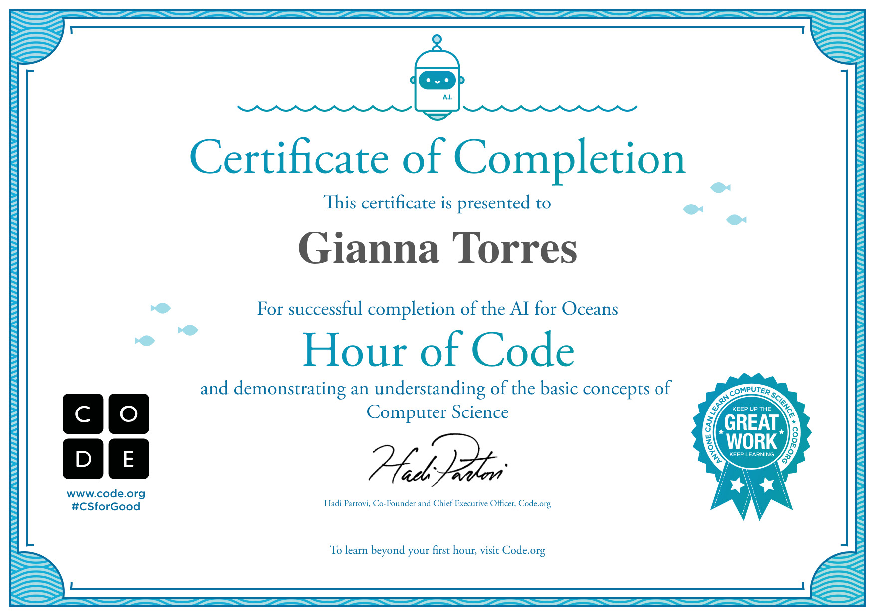 Certificate for Gianna Torres for completion of AI for Oceans