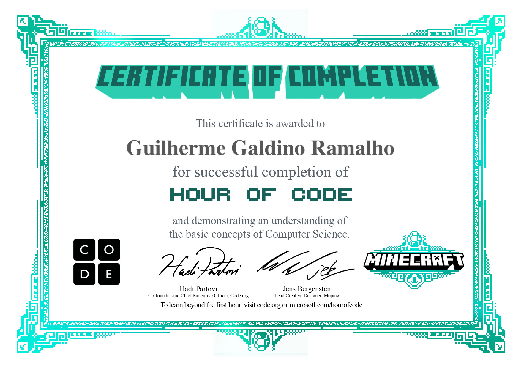 Certificate for Guilherme Galdino Ramalho for completion of Minecraft Adventurer