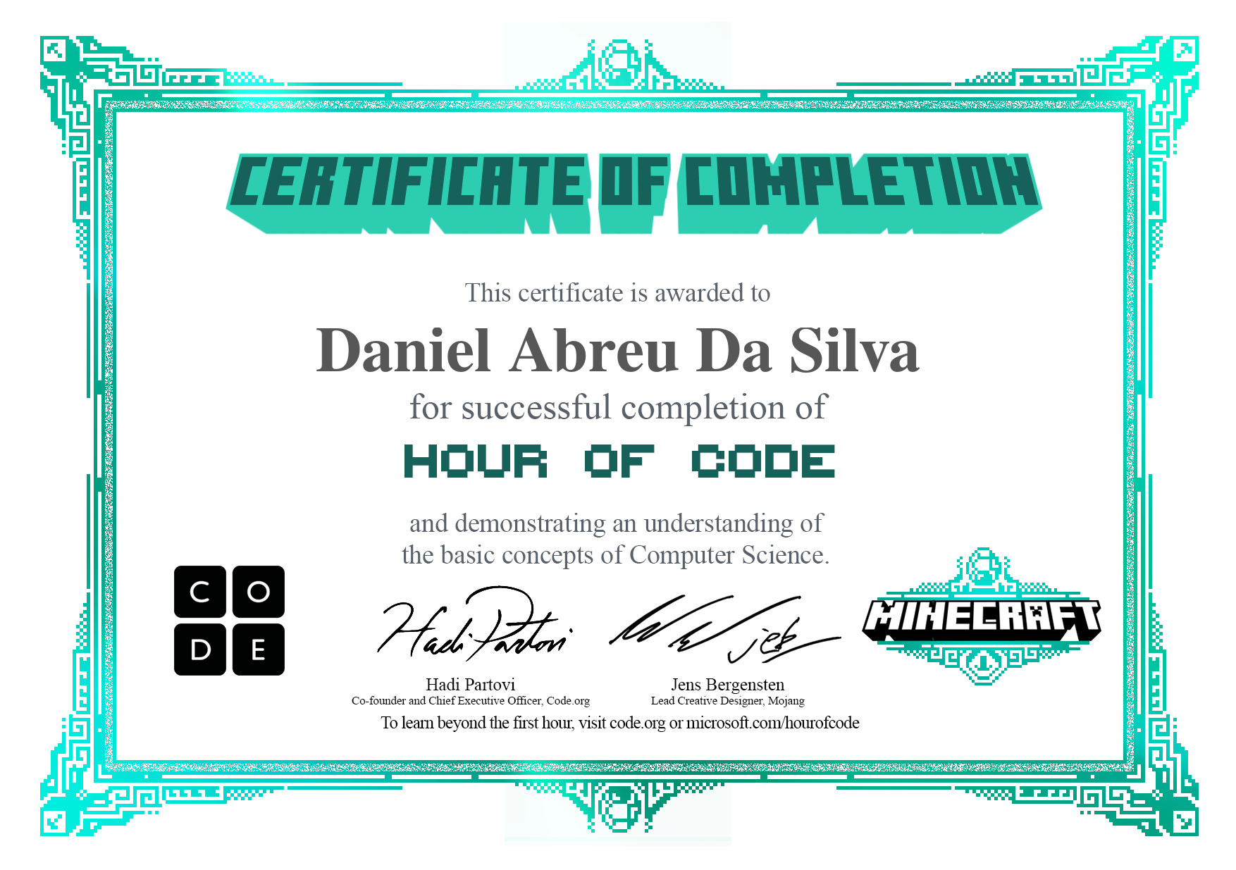 Certificate for Daniel Abreu Da Silva for completion of Aventureiro de Minecraft