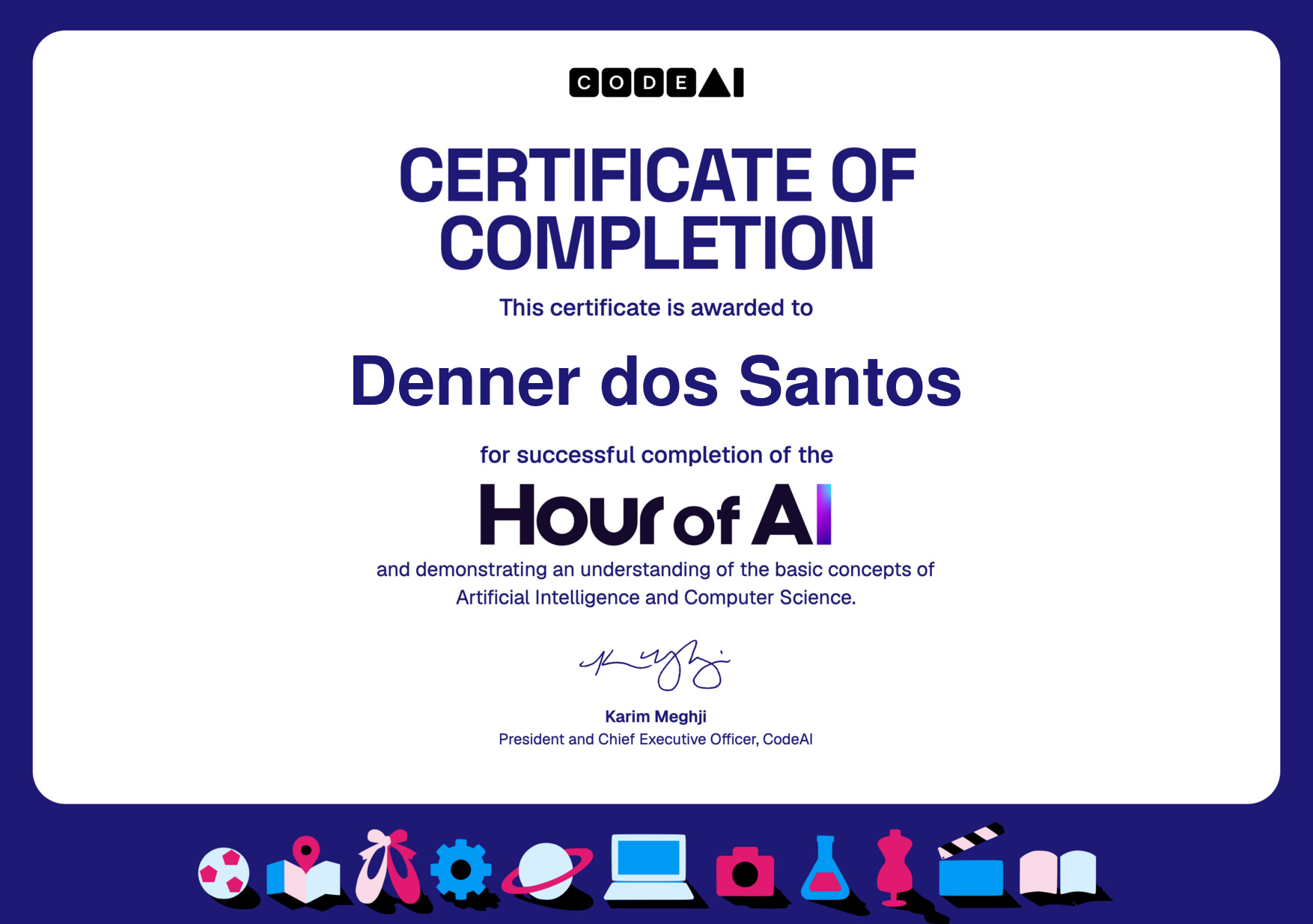 Certificate for Denner dos Santos for completion of Dance Party: AI Edition