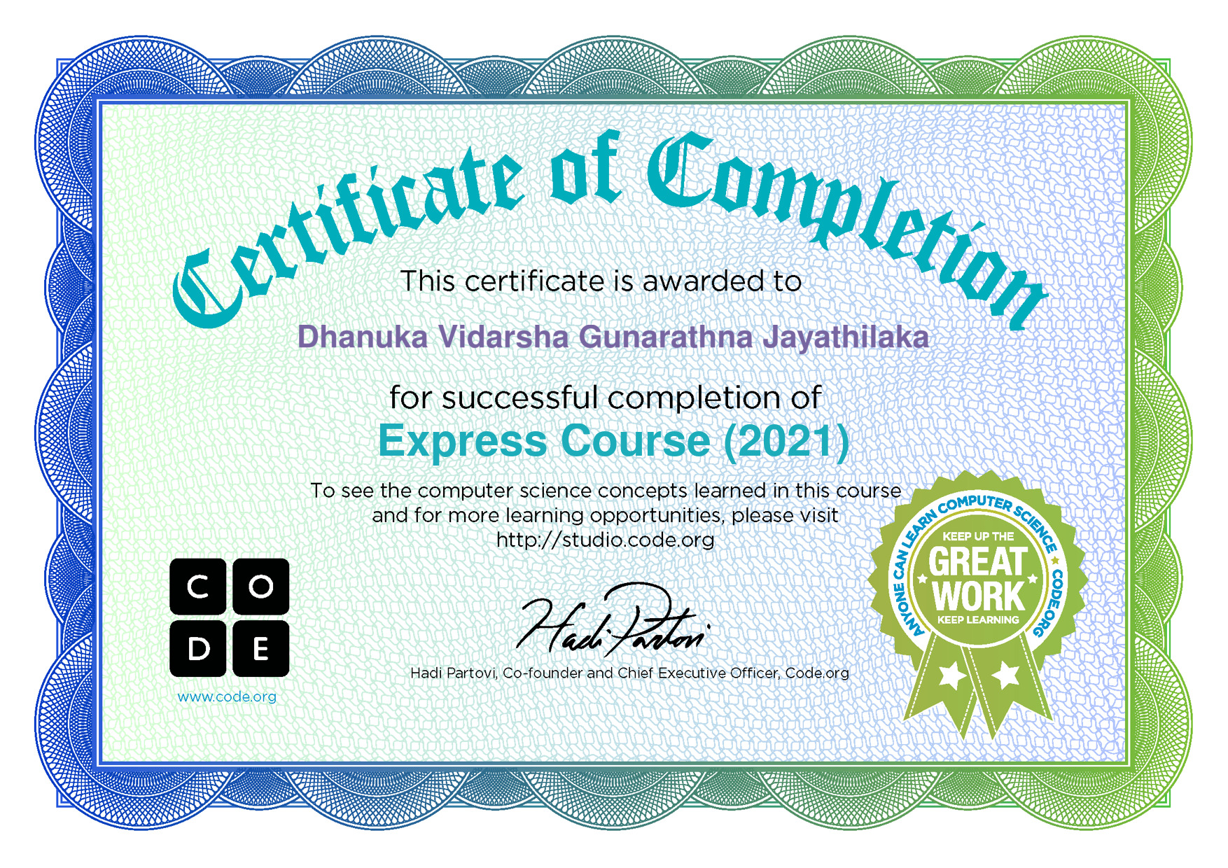 Certificate for Dhanuka Vidarsha Gunarathna Jayathilaka for completion of Express Course (2021)