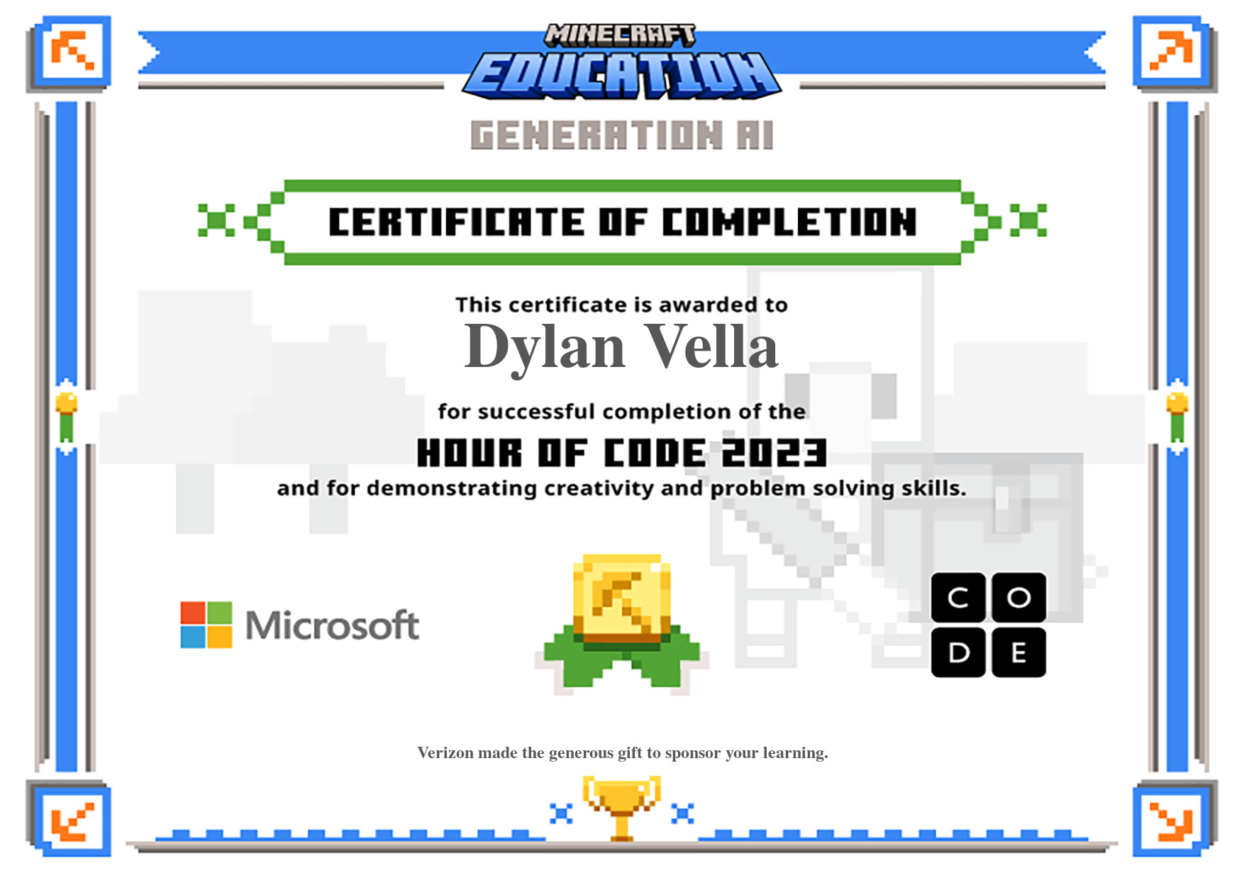 Certificate for Dylan Vella for completion of One Hour of Code