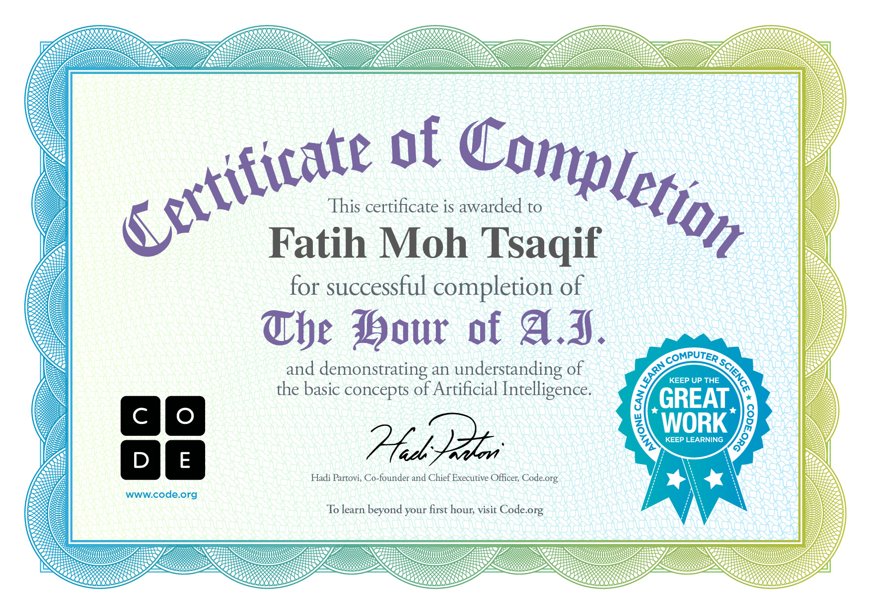Certificate for Fatih Moh Tsaqif for completion of Classic Maze