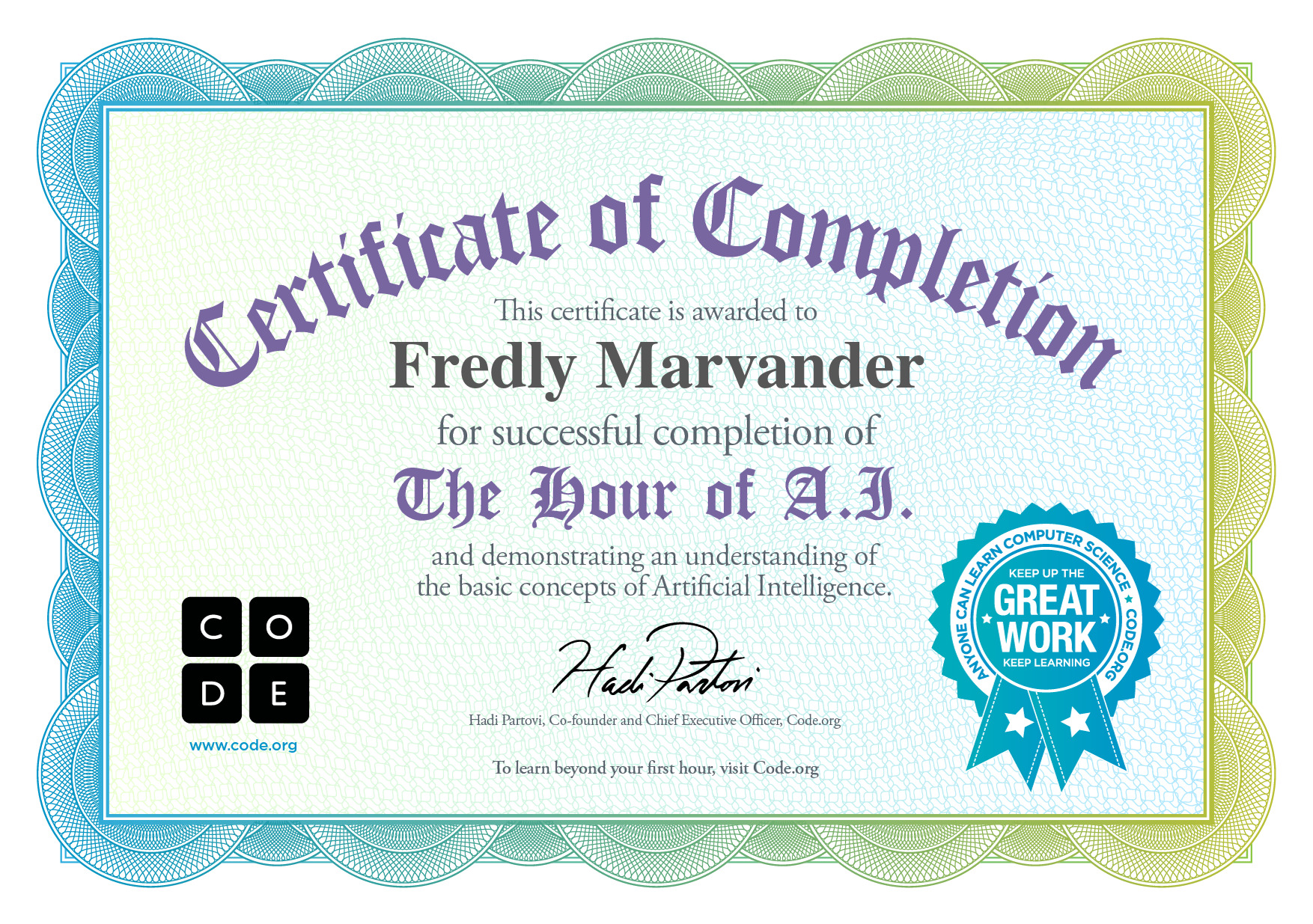 Certificate for Fredly Marvander for completion of Classic Maze