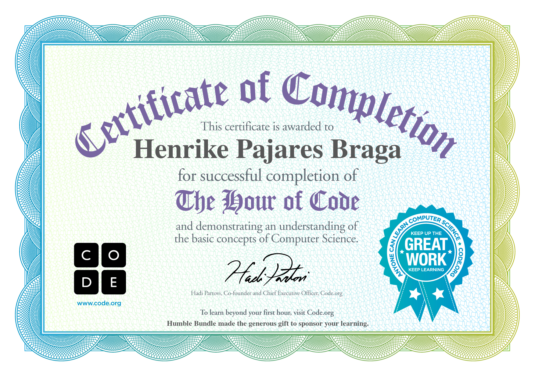 Certificate for Henrike Pajares Braga for completion of Classic Maze