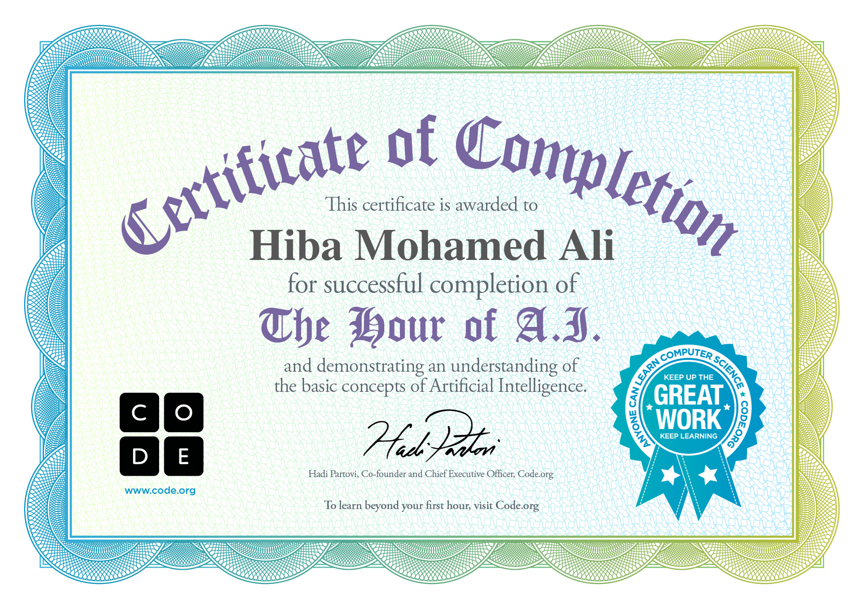 Certificate for Hiba Mohamed Ali for completion of Flappy Code