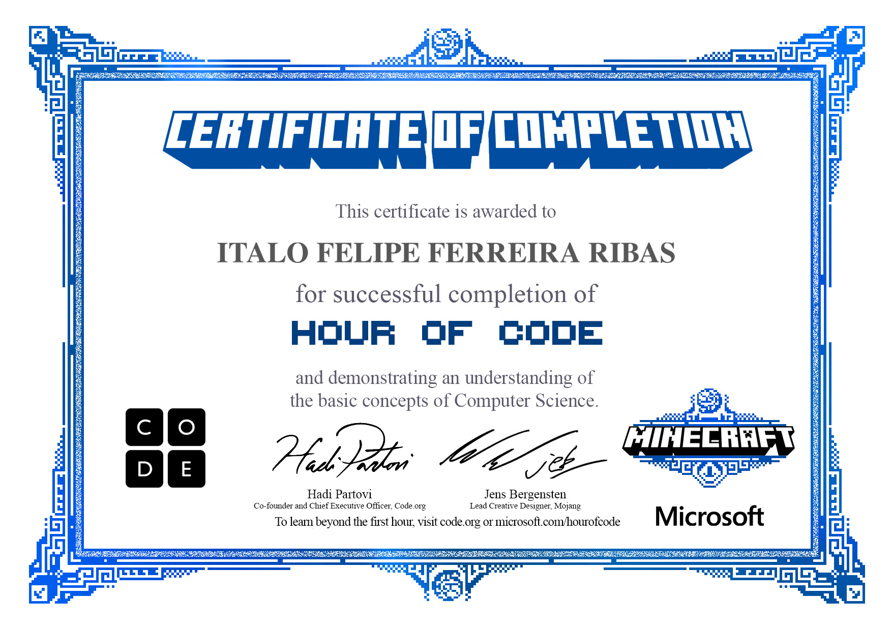 Certificate for ITALO FELIPE FERREIRA RIBAS for completion of Minecraft: Voyage Aquatic