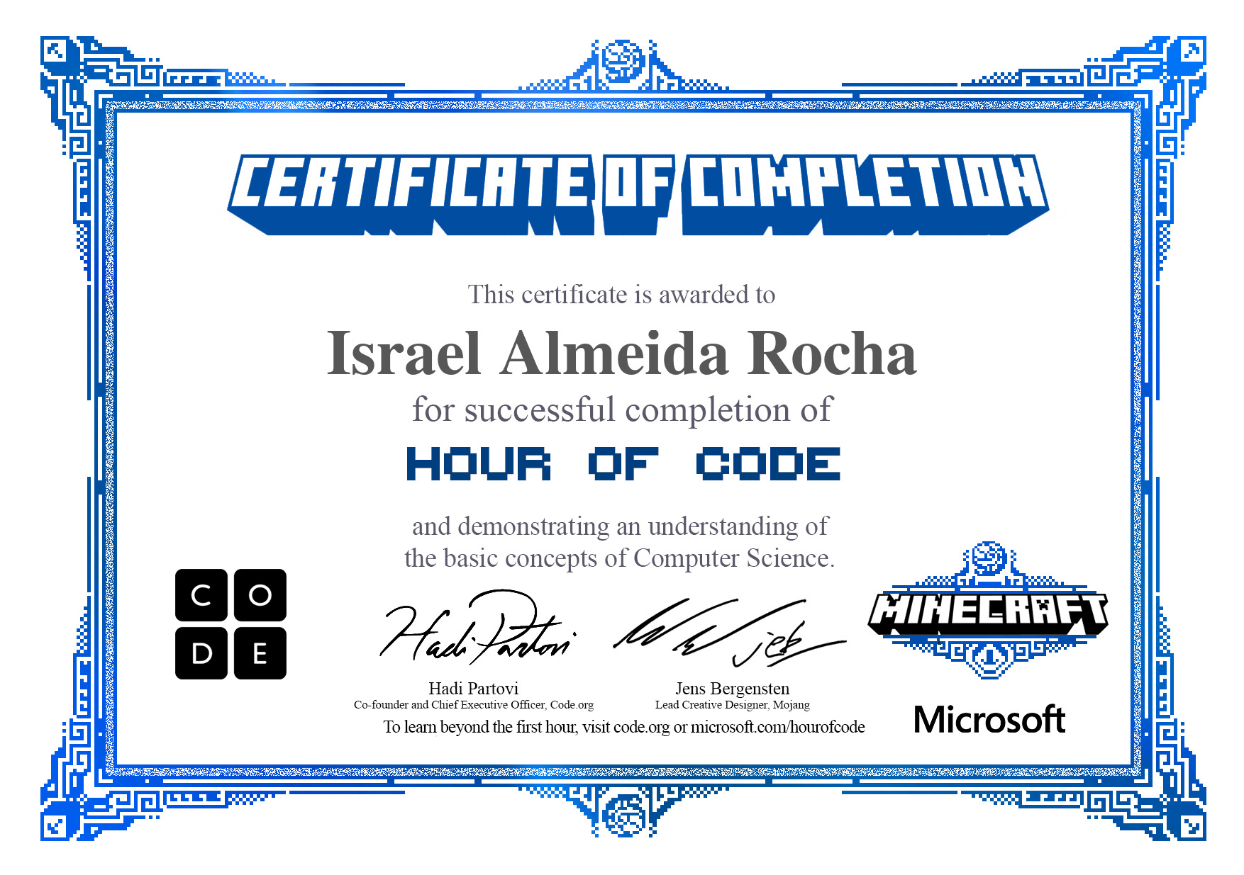 Certificate for Israel Almeida Rocha for completion of Minecraft: Voyage Aquatic