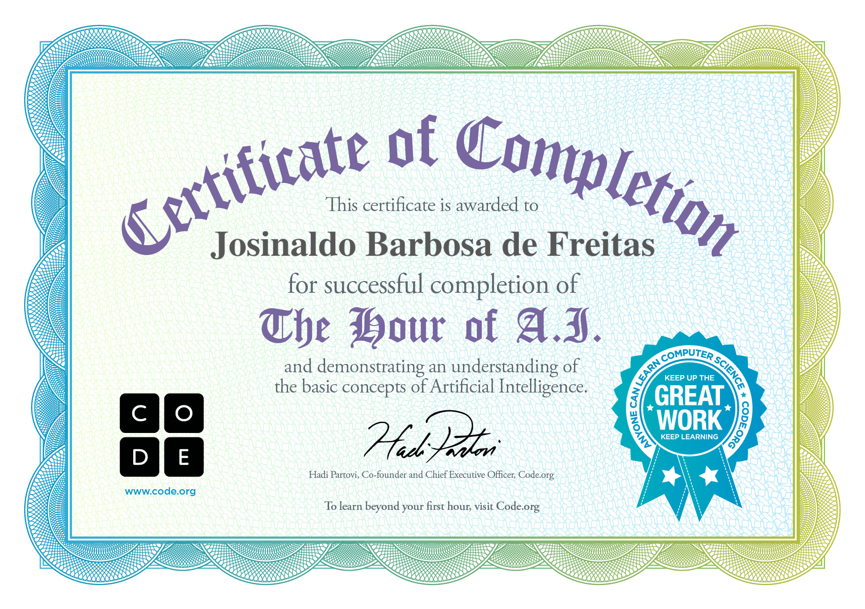 Certificate for Josinaldo Barbosa de Freitas for completion of Classic Maze