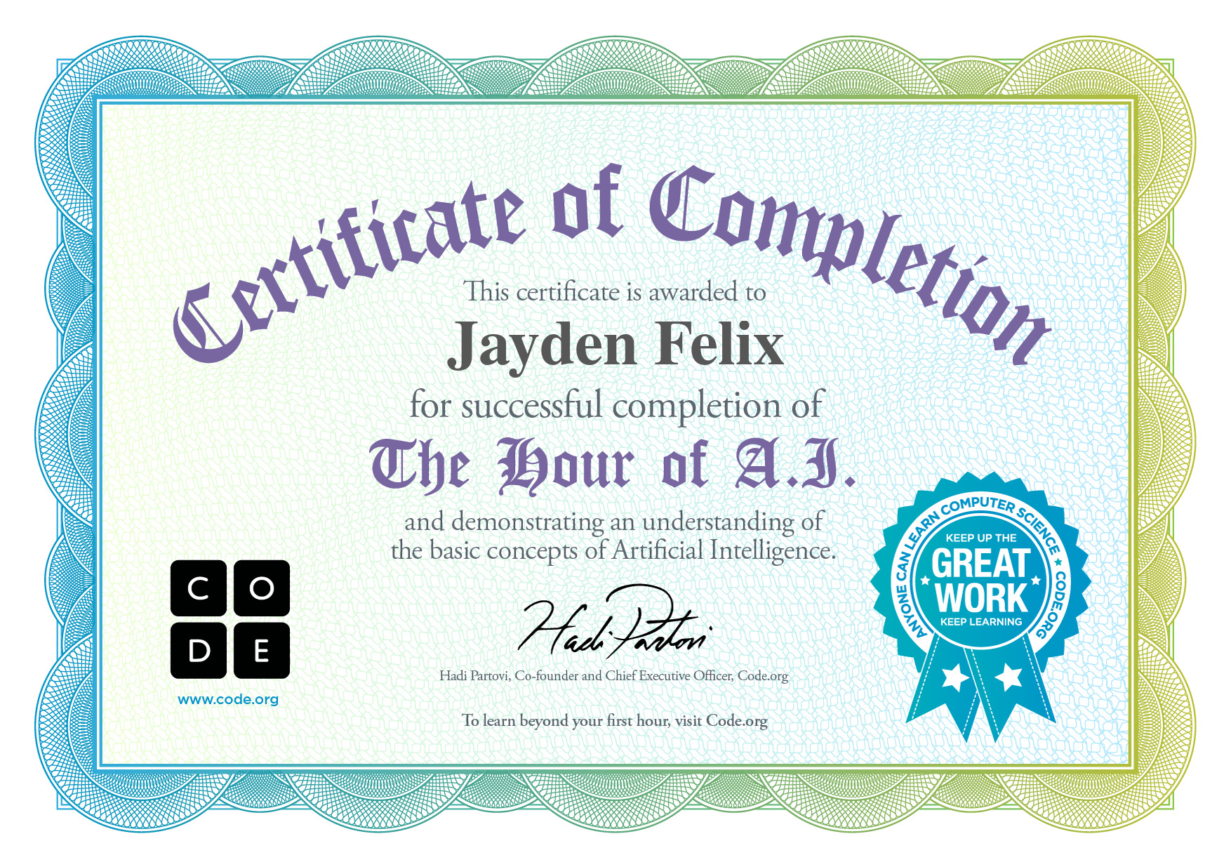 Certificate for Jayden Felix for completion of Dance Party: AI Edition