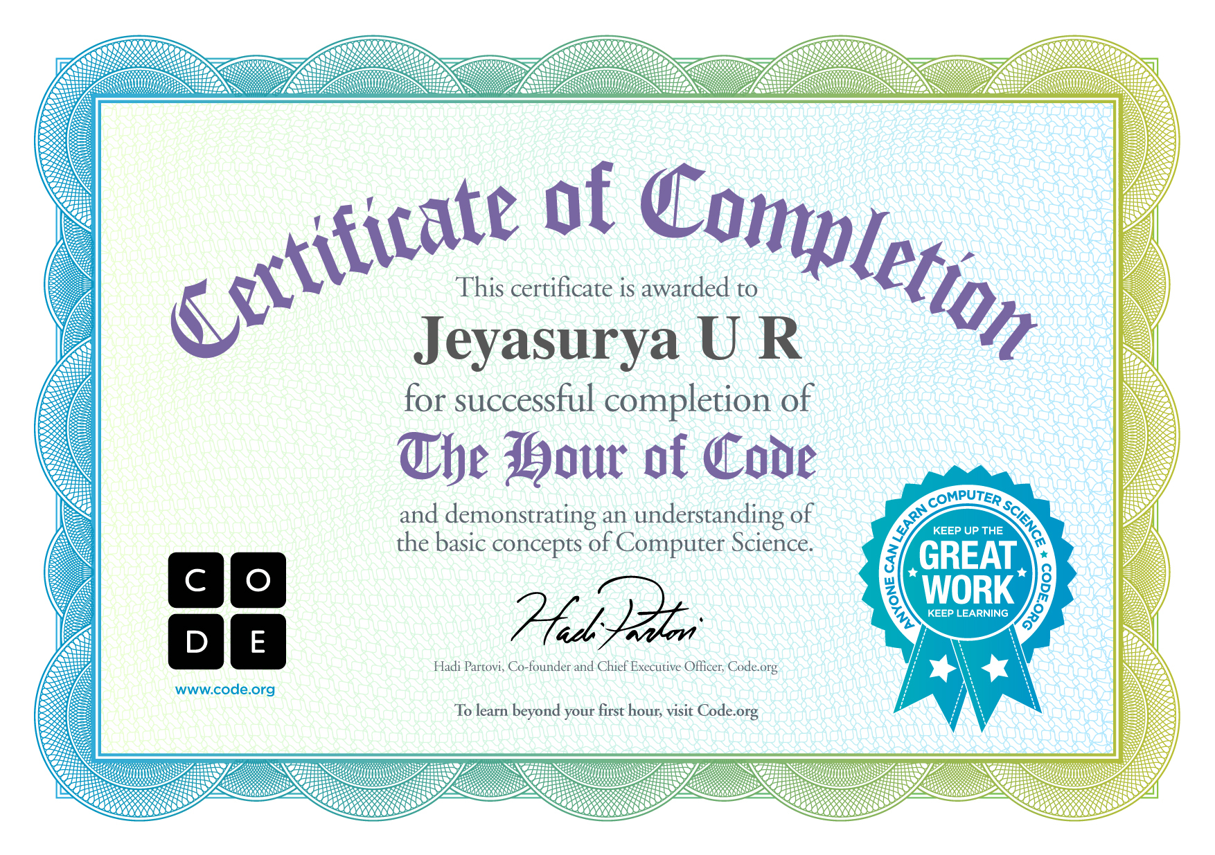 Certificate for Jeyasurya U R for completion of Classic Maze