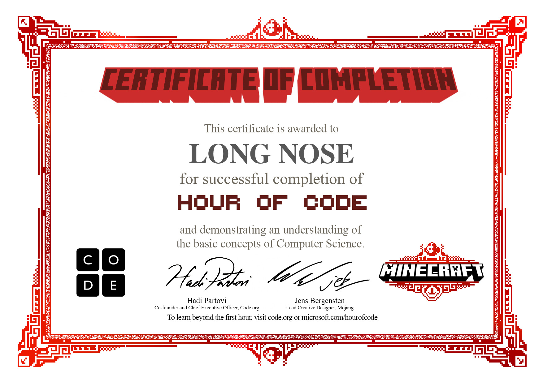 Certificate for LONG NOSE for completion of Minecraft: Hero's Journey