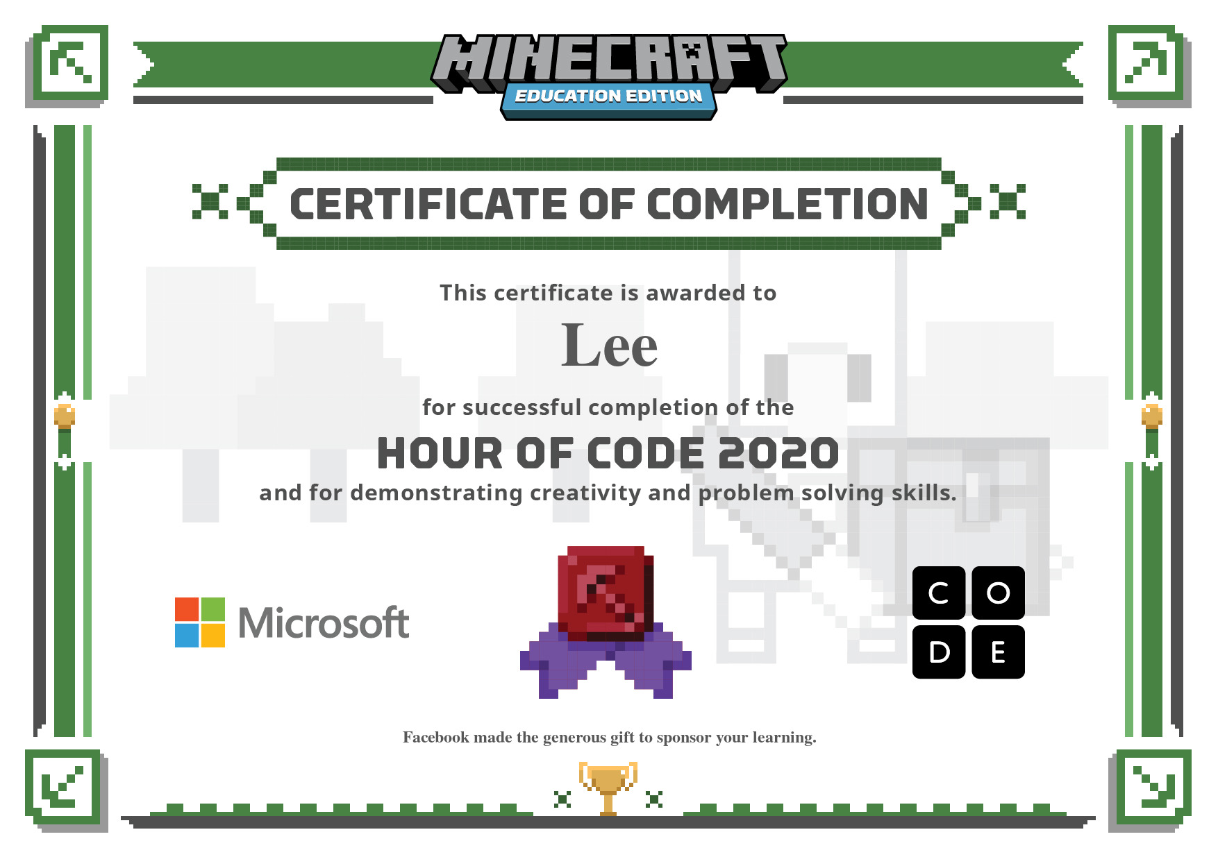 Certificate for Lee for completion of One Hour of Code