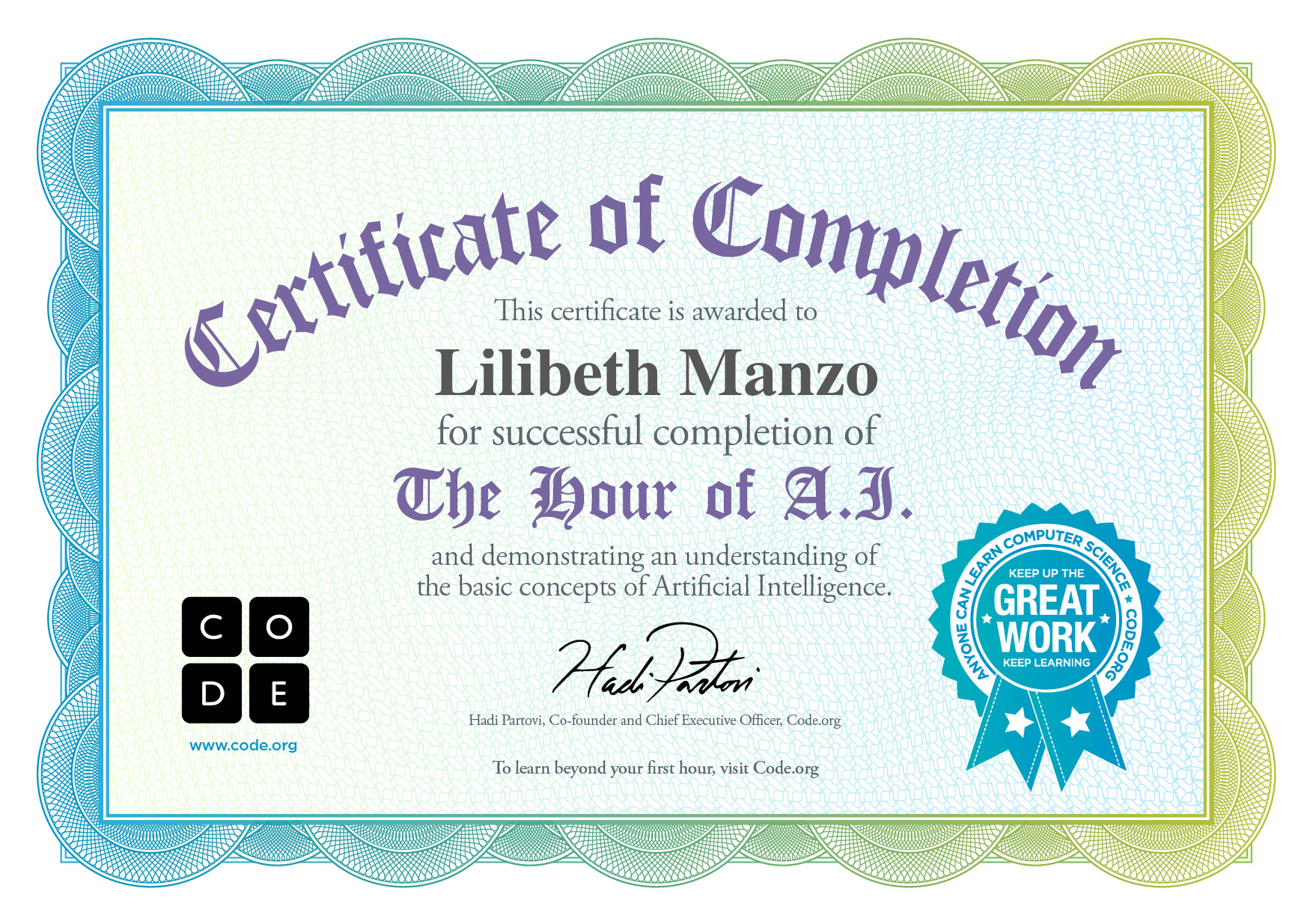 Certificate for Lilibeth Manzo for completion of Star Wars: Building a Galaxy With Code (Blockly)