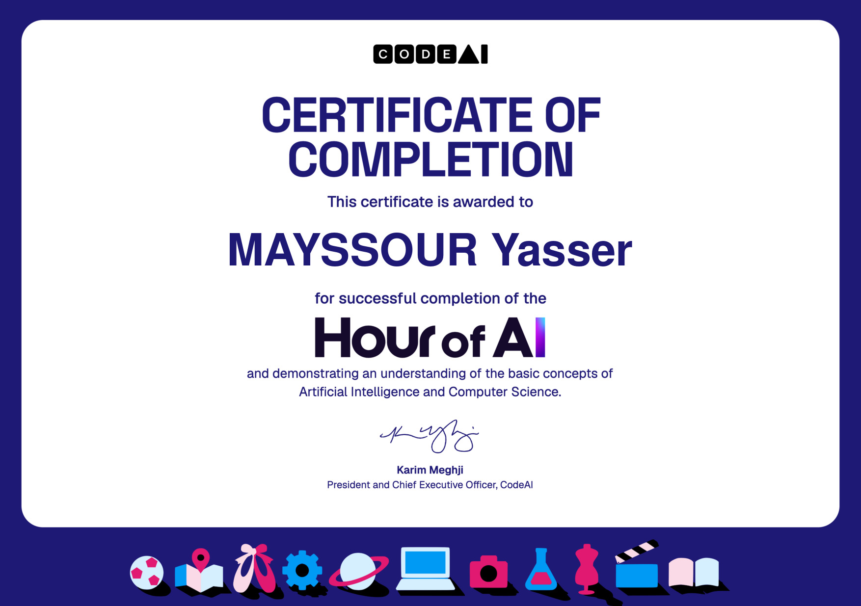 Certificate for MAYSSOUR Yasser for completion of Classic Maze