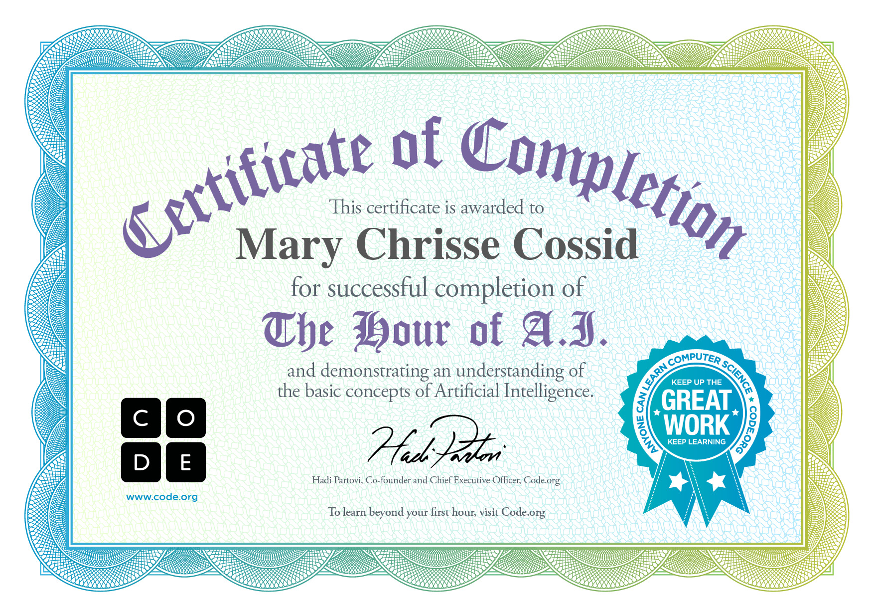 Certificate for Mary Chrisse Cossid for completion of Choose your team and make a basketball game