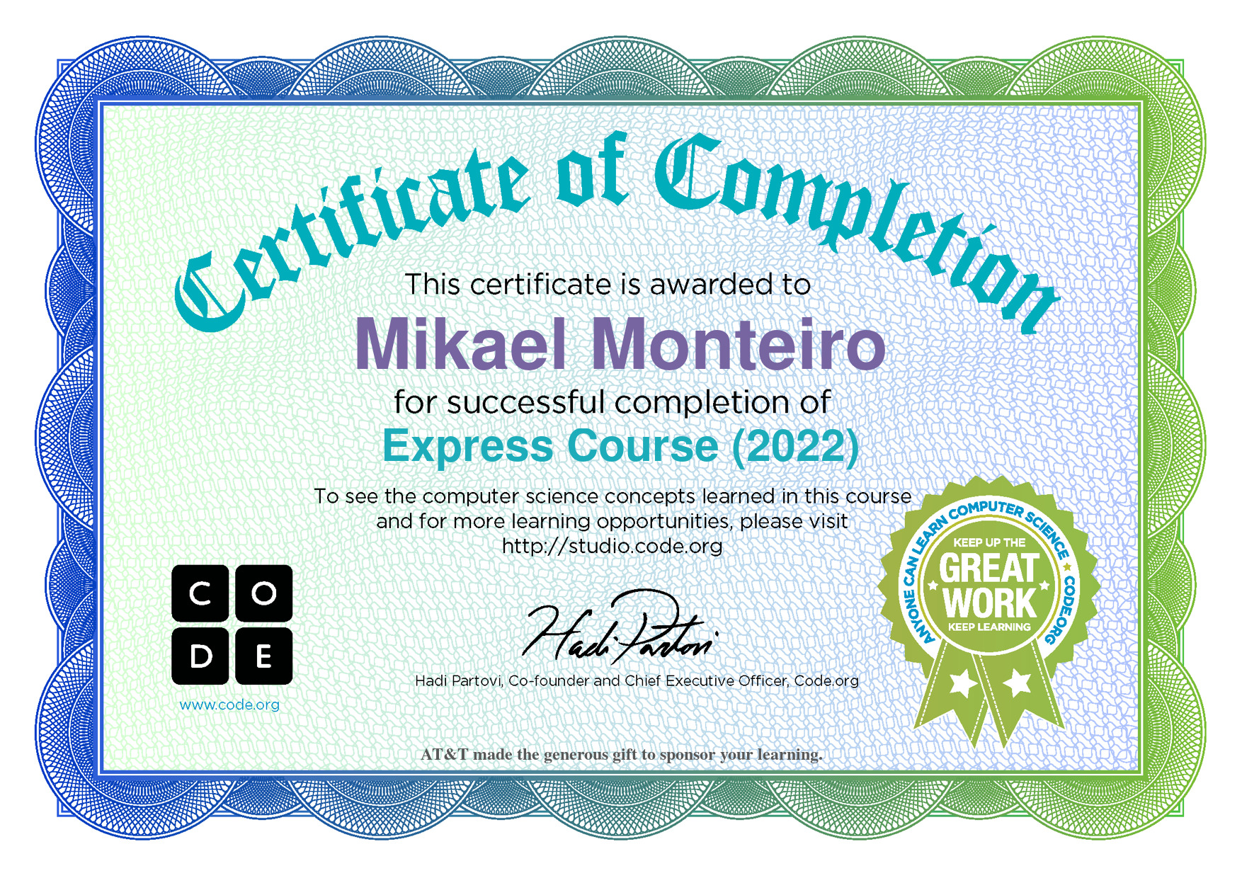 Certificate for Mikael Monteiro for completion of Express Course (2022)