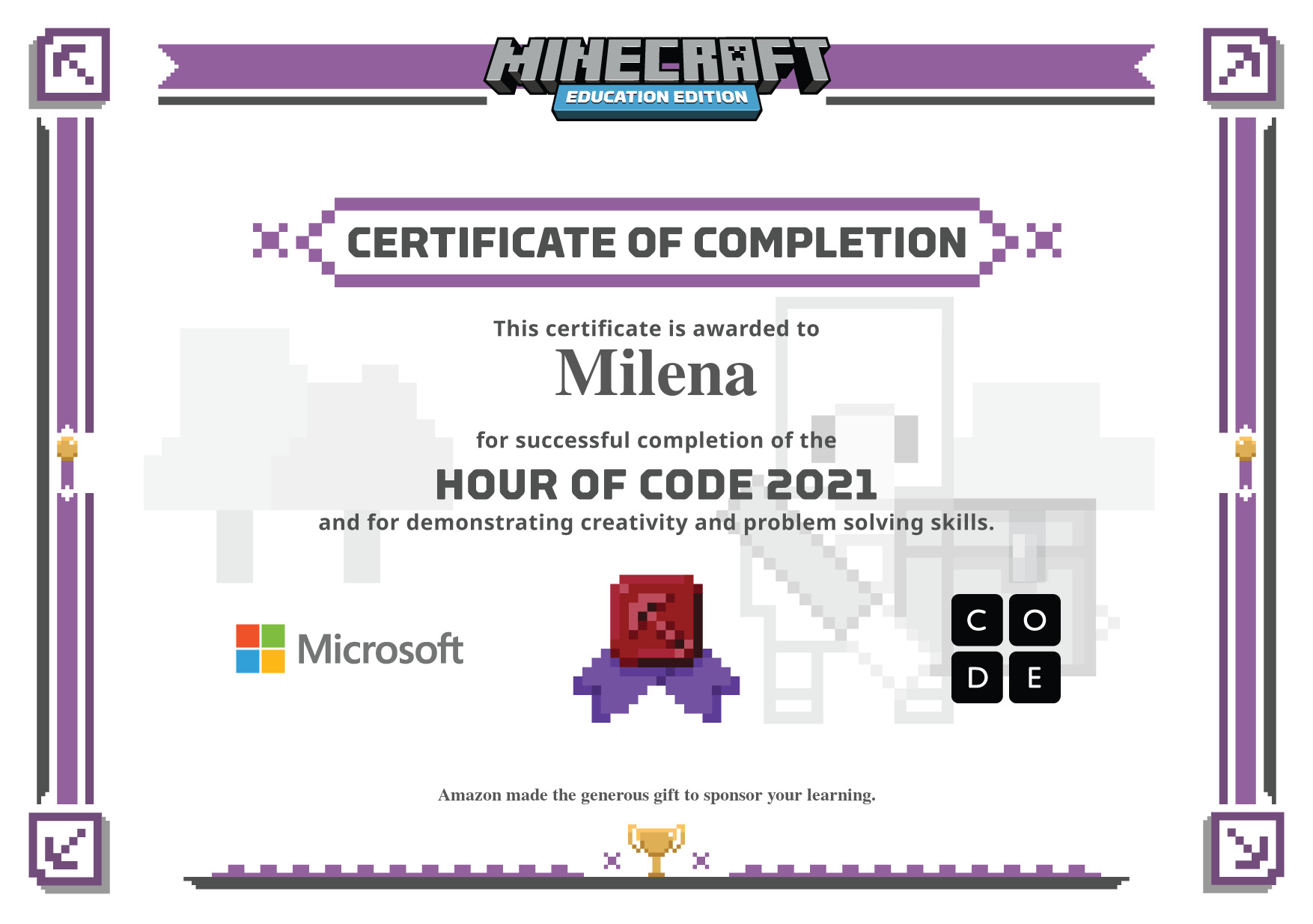 Certificate for Milena for completion of One Hour of Code