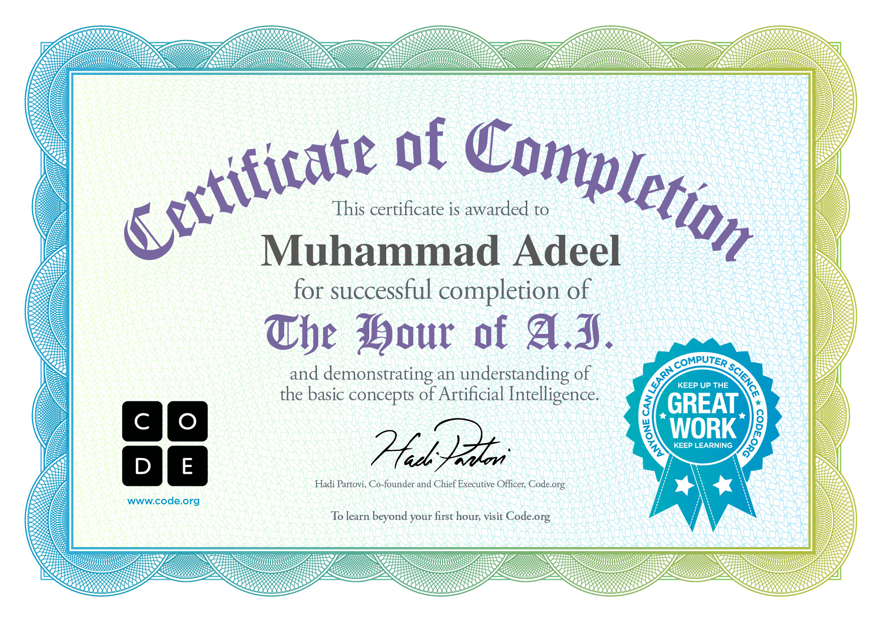 Certificate for Muhammad Adeel for completion of Classic Maze