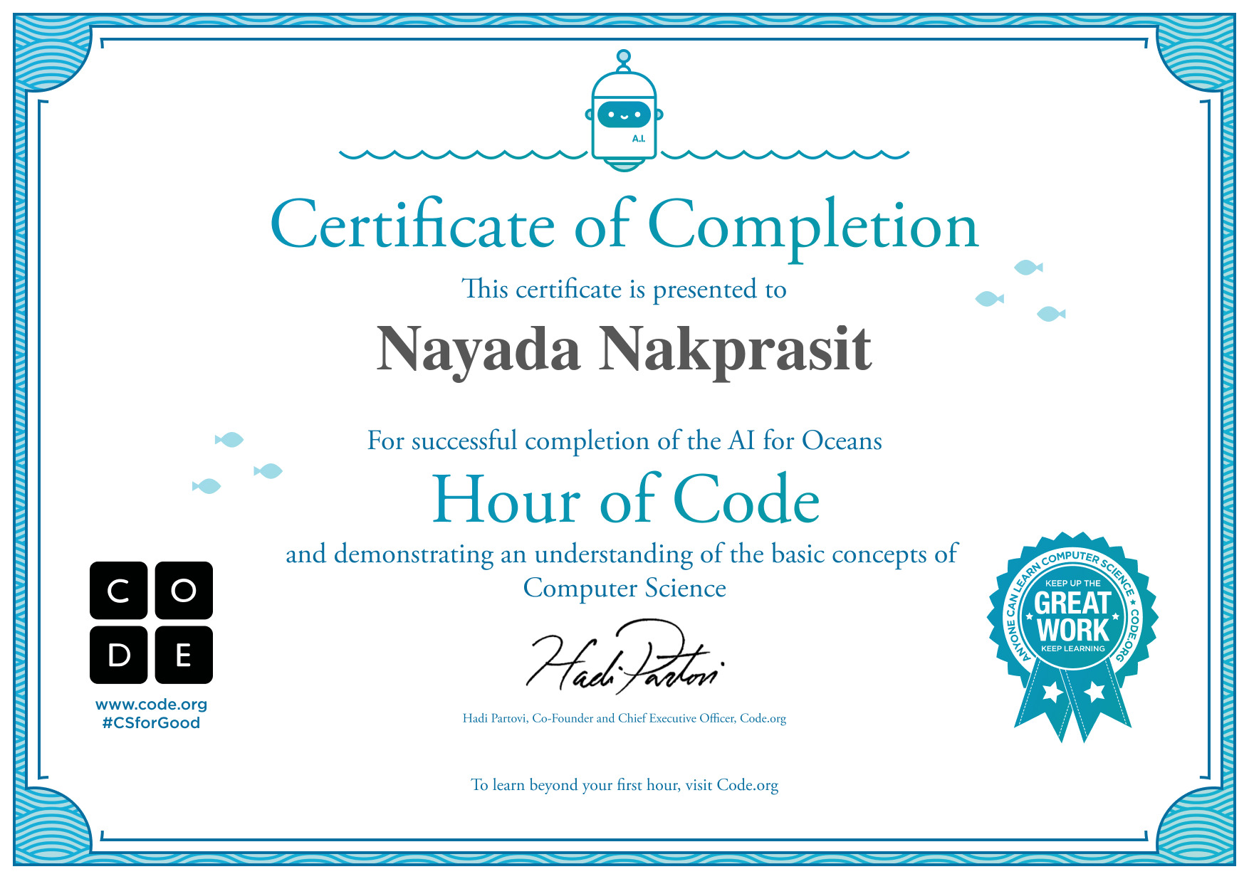 Certificate for Nayada Nakprasit for completion of AI for Oceans