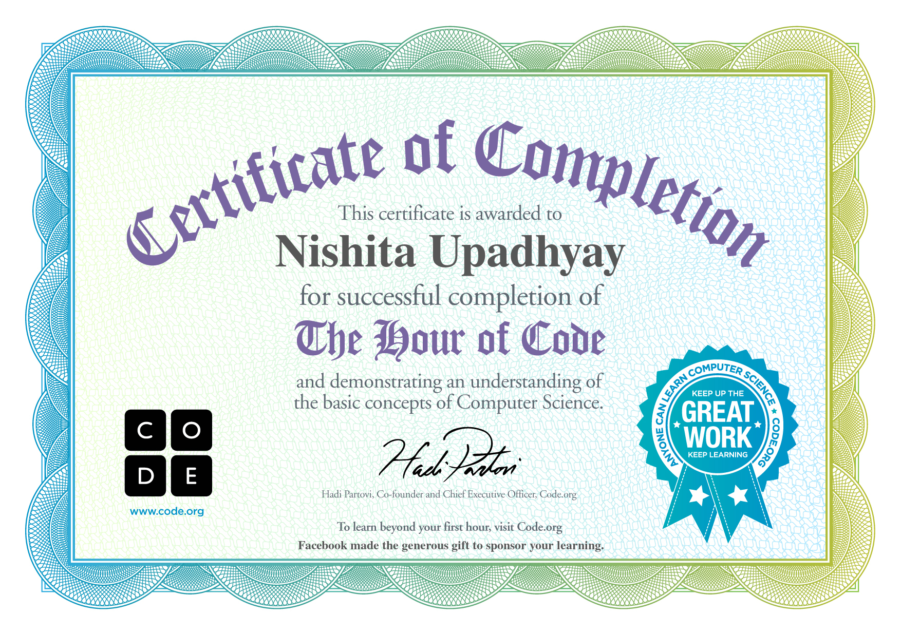 Certificate for Nishita Upadhyay for completion of Intro to App Lab