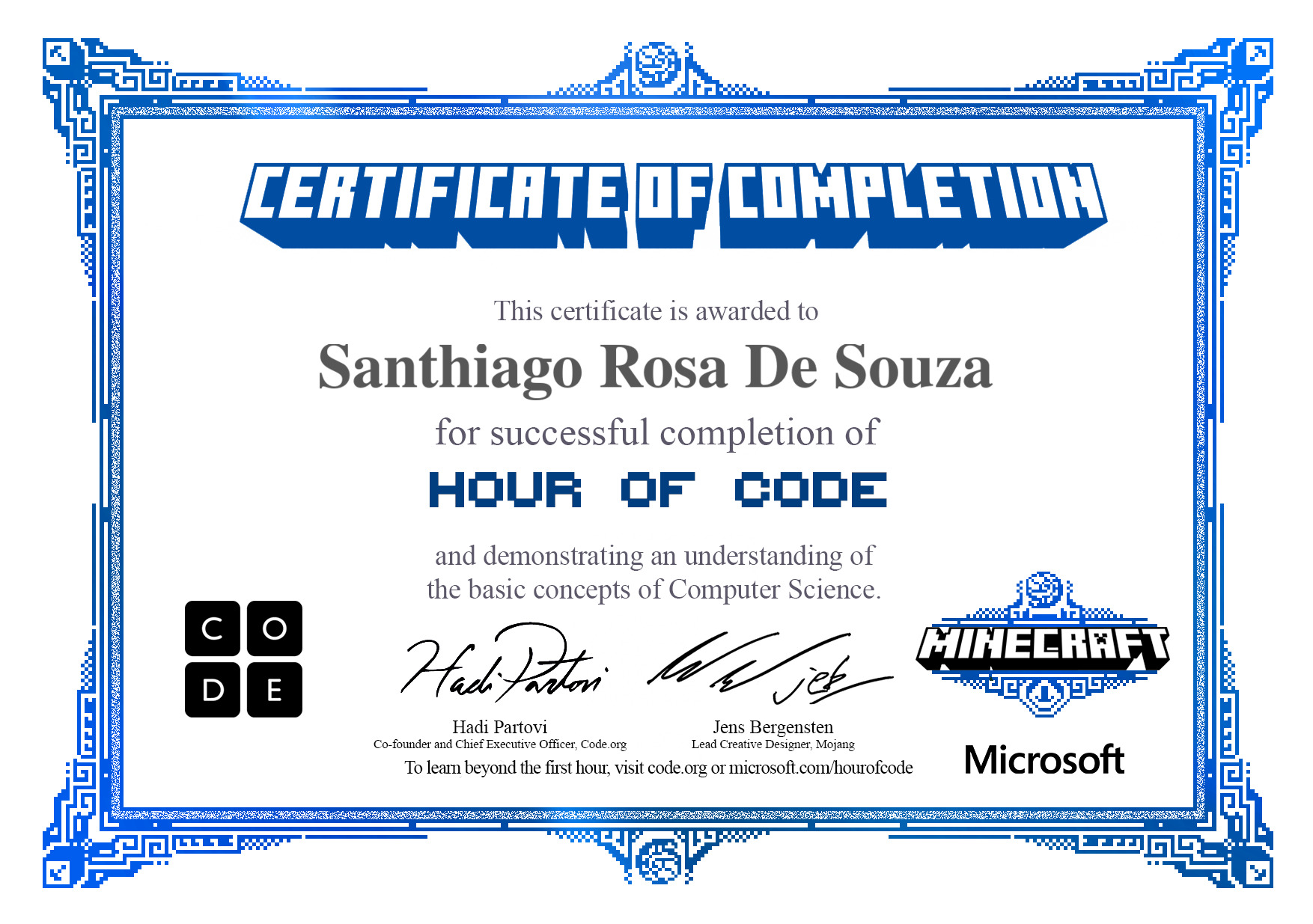 Certificate for Santhiago Rosa De Souza for completion of Minecraft: Voyage Aquatic