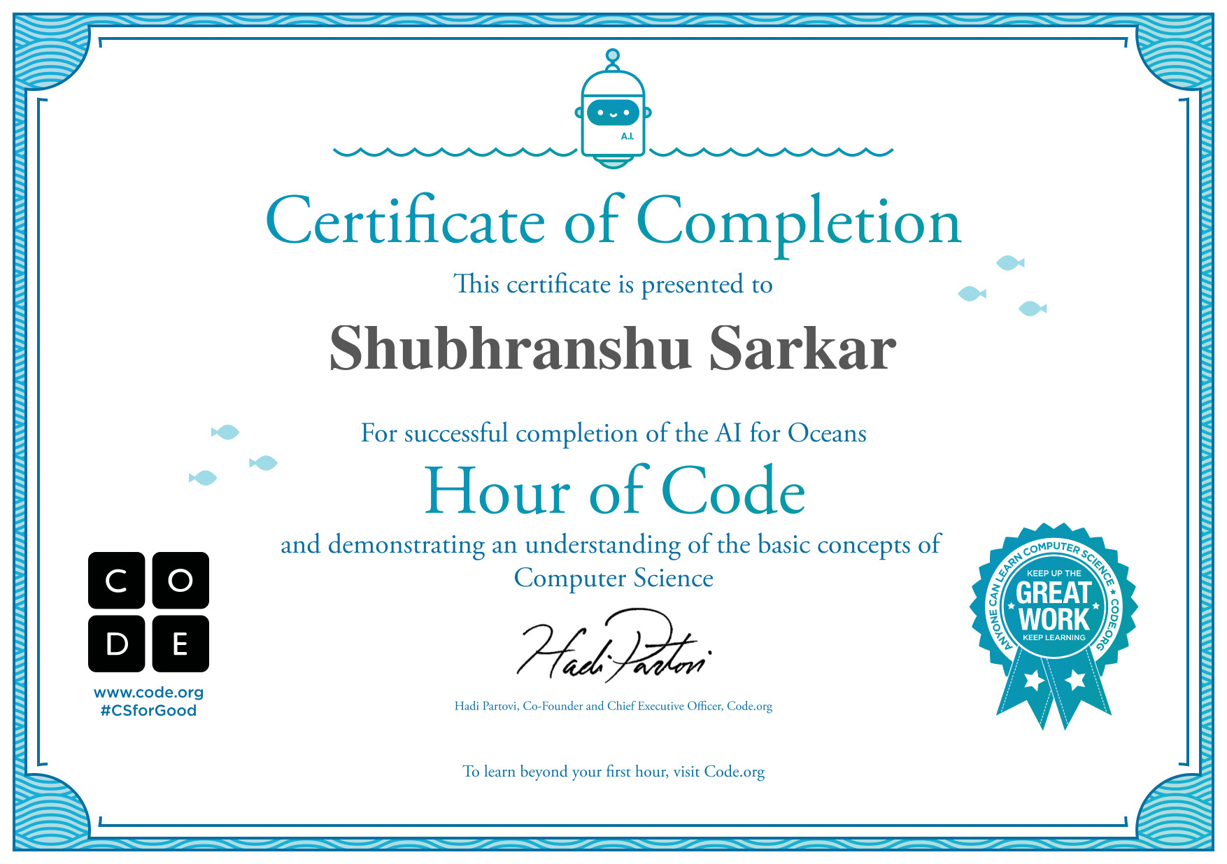 Certificate for Shubhranshu Sarkar for completion of AI for Oceans