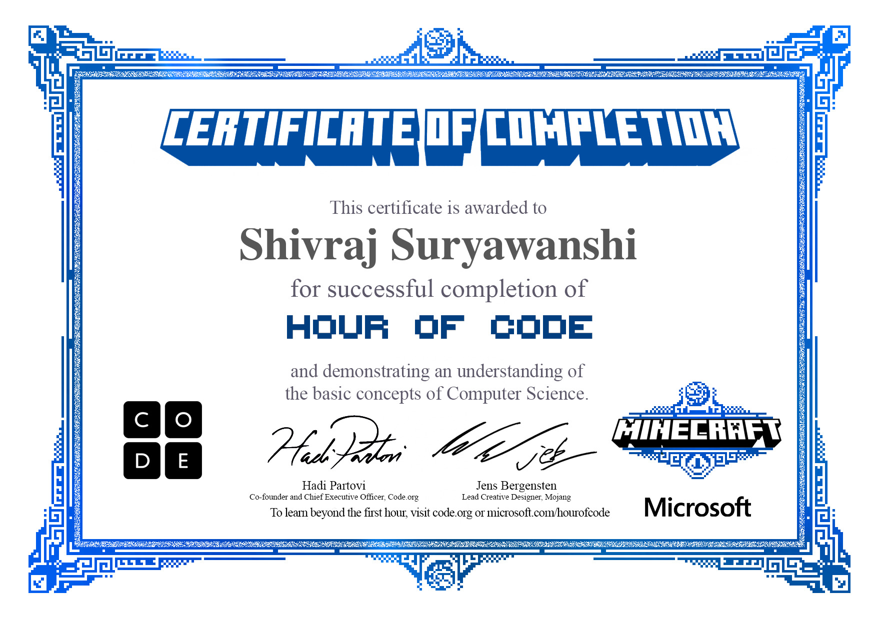 Certificate for Shivraj Suryawanshi for completion of Minecraft: Voyage Aquatic