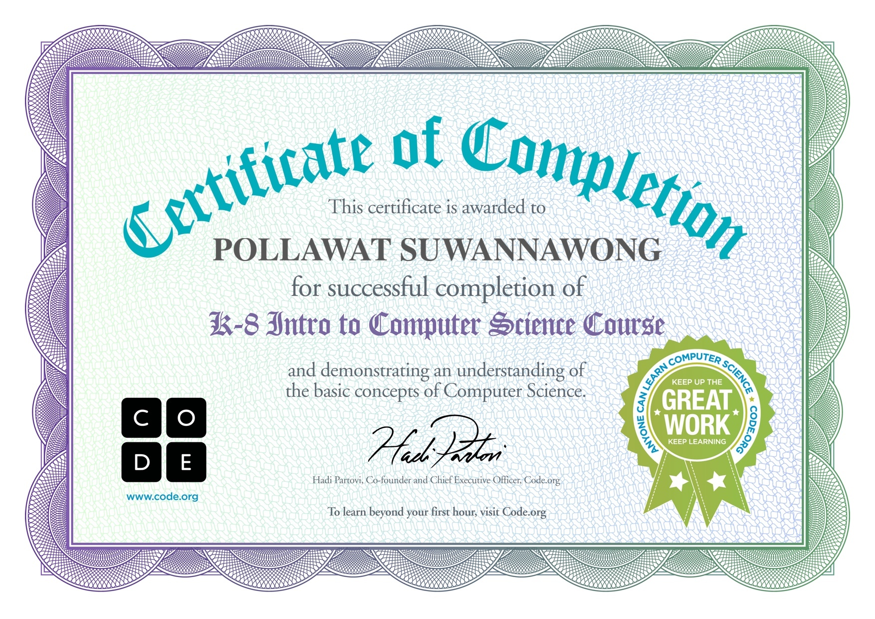 Certificate for POLLAWAT SUWANNAWONG for completion of One Hour of Code