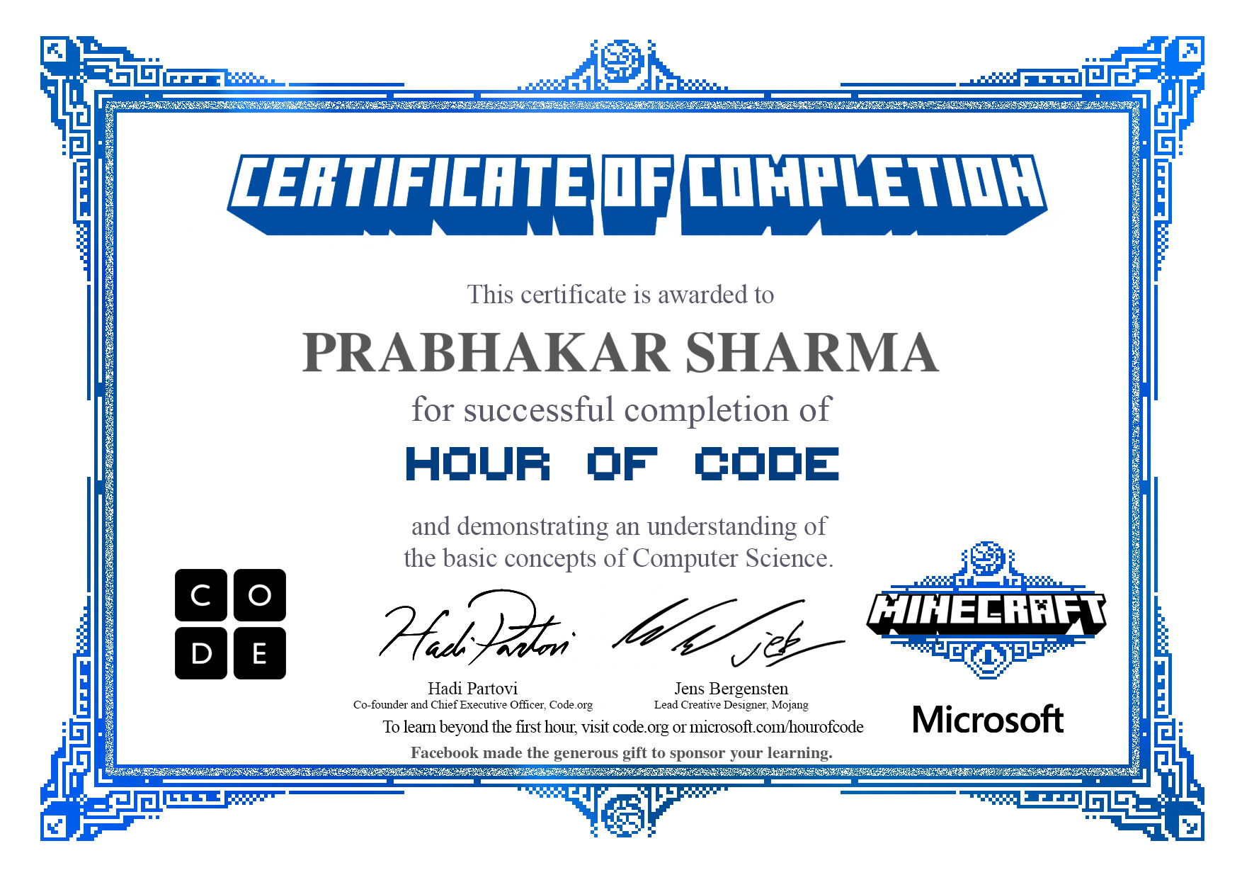 Certificate for PRABHAKAR SHARMA for completion of Minecraft: Voyage Aquatic